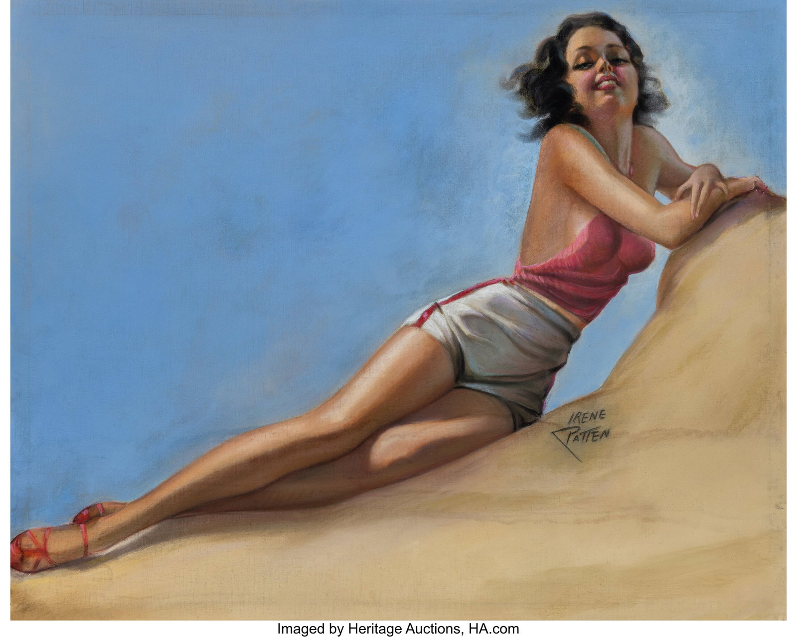 Irene Patten (American, 20th Century) Brunette o: Irene Patten (American, 20th Century) Brunette on the Beach, circa 1945 Pastel on canvas 30-1/2 x 38-1/2 inches (77.5 x 97.8 cm) (sight)