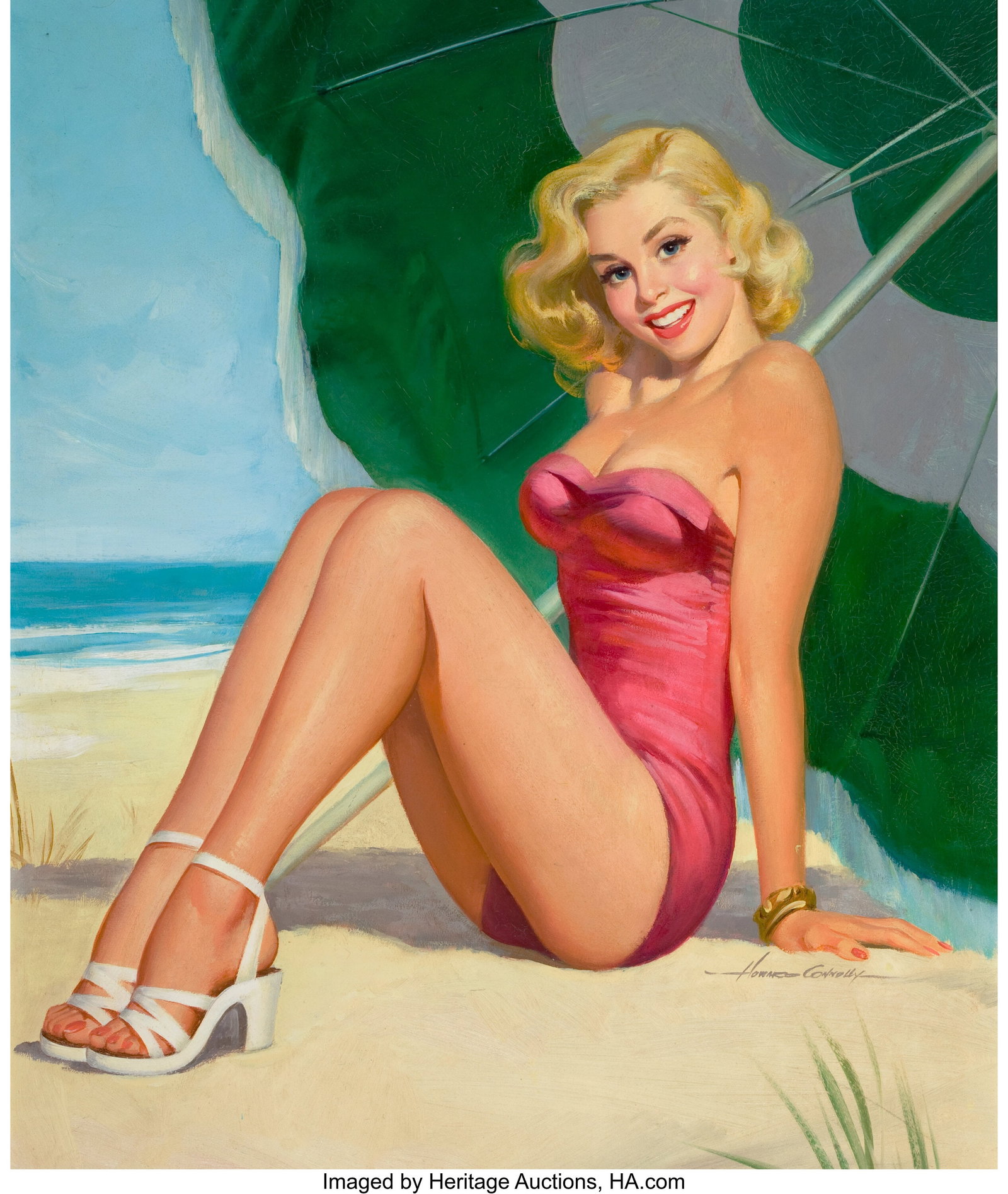Howard Connolly (American, 1903-1990) Under the : Howard Connolly (American, 1903-1990) Under the Beach Umbrella Oil on board 24 x 20 inches (61.0 x 50.8 cm) (sight) Signed lower right: Howard C