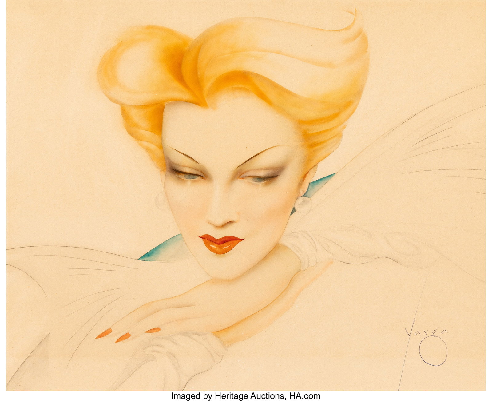 Alberto Vargas (Peruvian/American, 1896-1982) Ar: Alberto Vargas (Peruvian/American, 1896-1982) Art Deco Flying Face Beauty Watercolor and pencil on board 14-5/8 x 20 inches (37.1 x 50.8 cm) Signed late