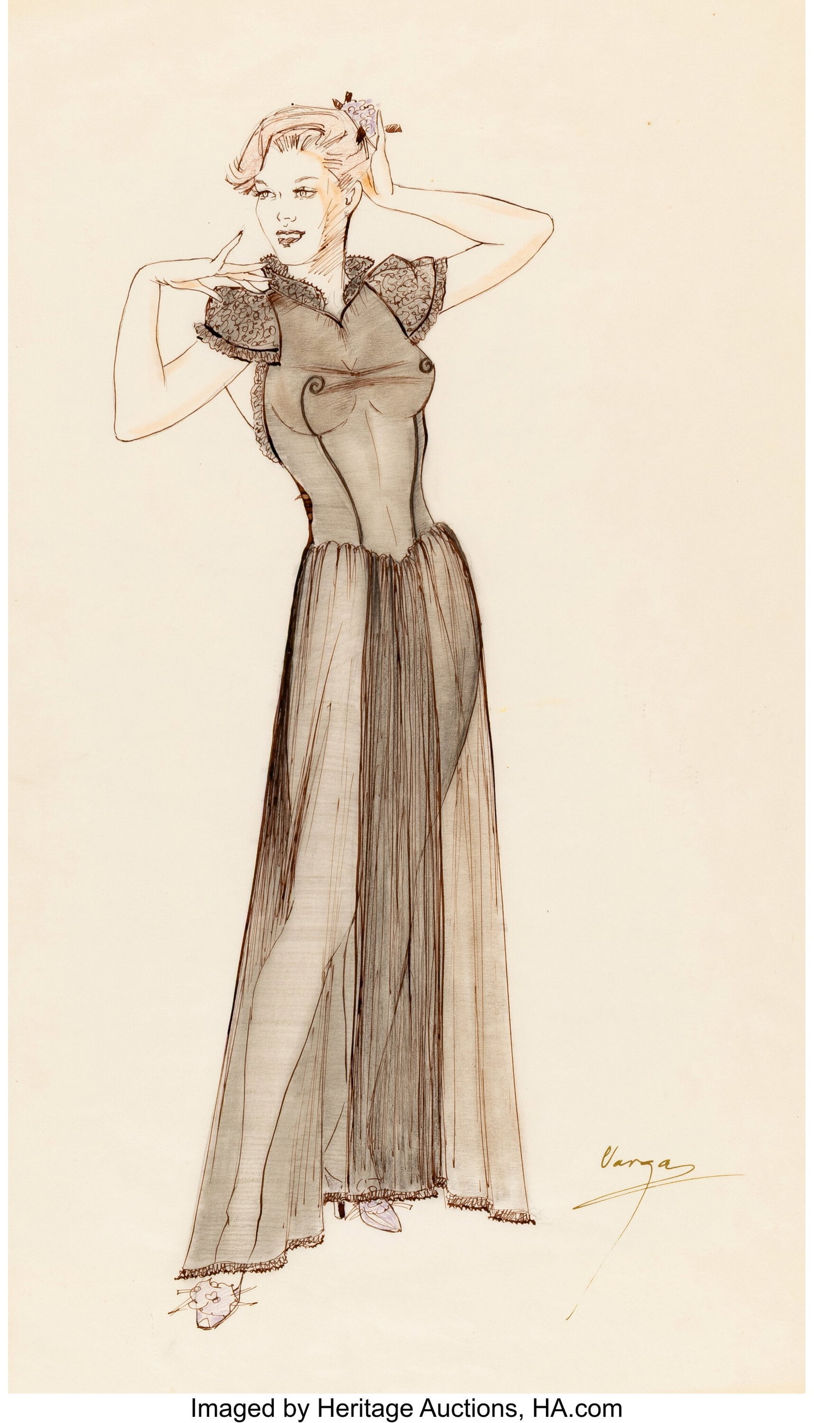 Alberto Vargas (Peruvian/American, 1896-1982) Fa: Alberto Vargas (Peruvian/American, 1896-1982) Fashion designs (three works), 1952 Two watercolor and pencil on paper; one ink and watercolor on tracing paper 2