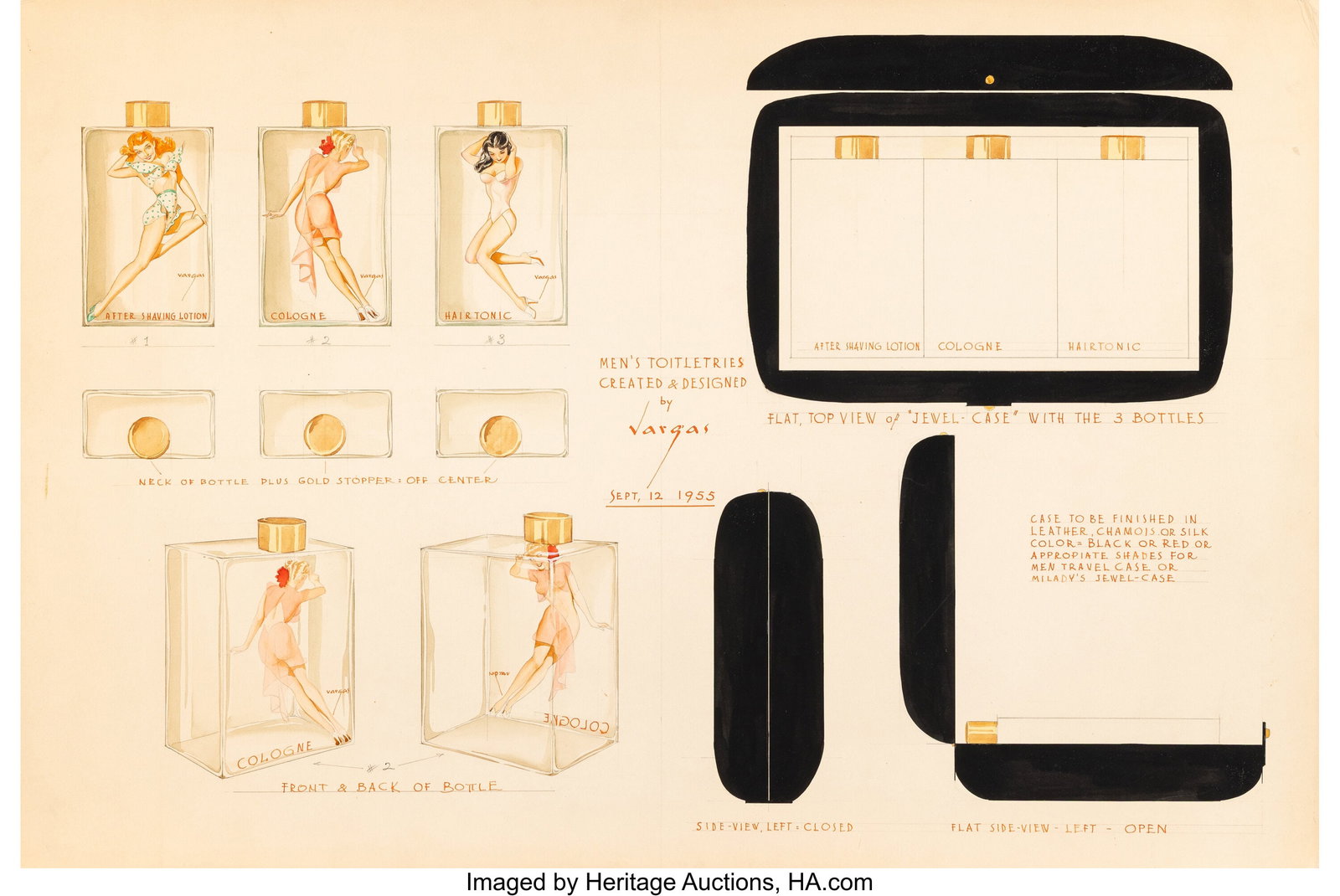 Alberto Vargas (Peruvian/American, 1896-1982) Me: Alberto Vargas (Peruvian/American, 1896-1982) Men's Toiletries bottle designs, 1955 Watercolor and pencil on board 30 x 20 inches (76.2 x 50.8 cm) Sig