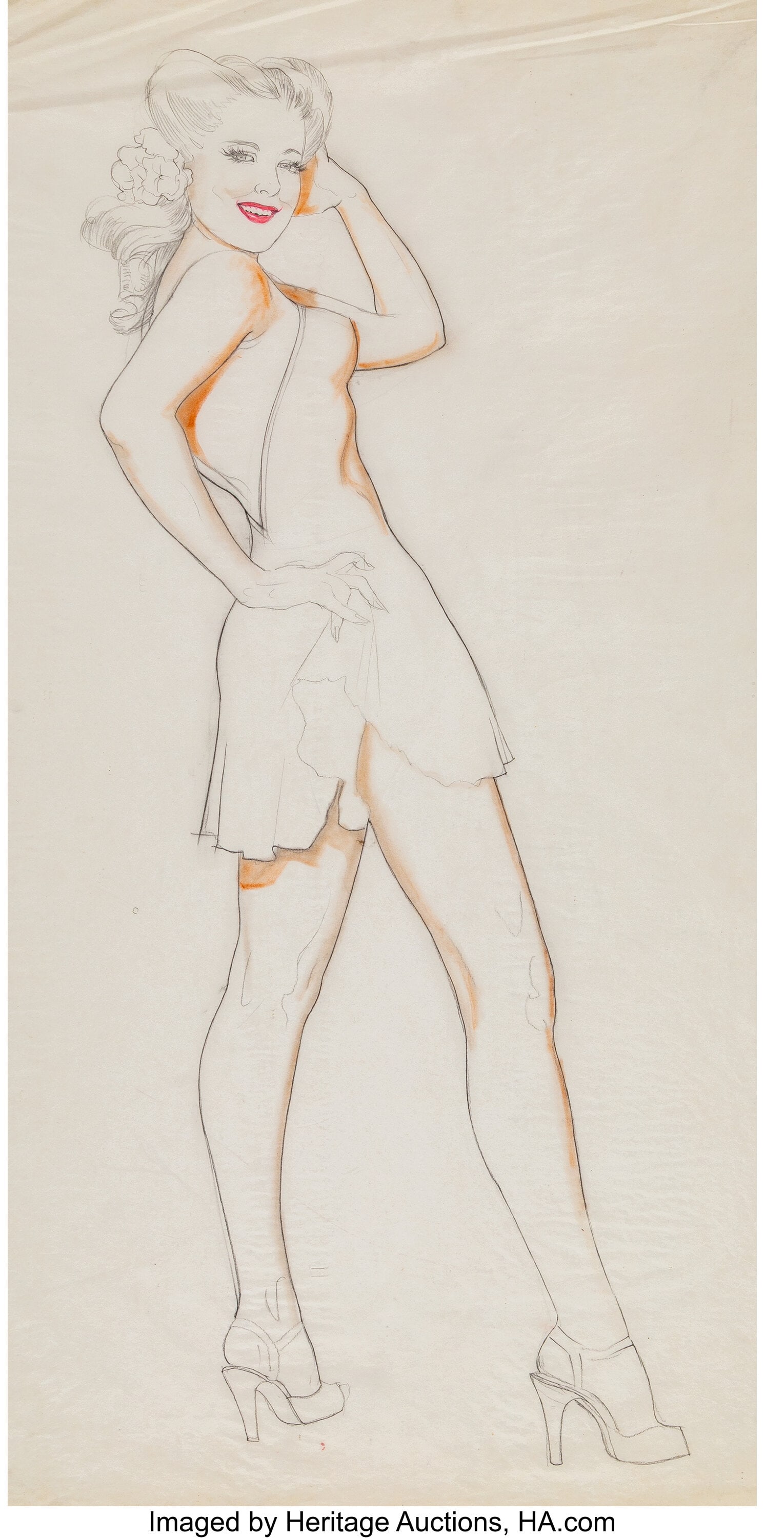 Alberto Vargas (Peruvian/American, 1896-1982) Pi: Alberto Vargas (Peruvian/American, 1896-1982) Pin-Up in a Playsuit Esquire study Pencil and watercolor on tracing paper 25-3/4 x 19-3/4 inches (65.4 x 50&period