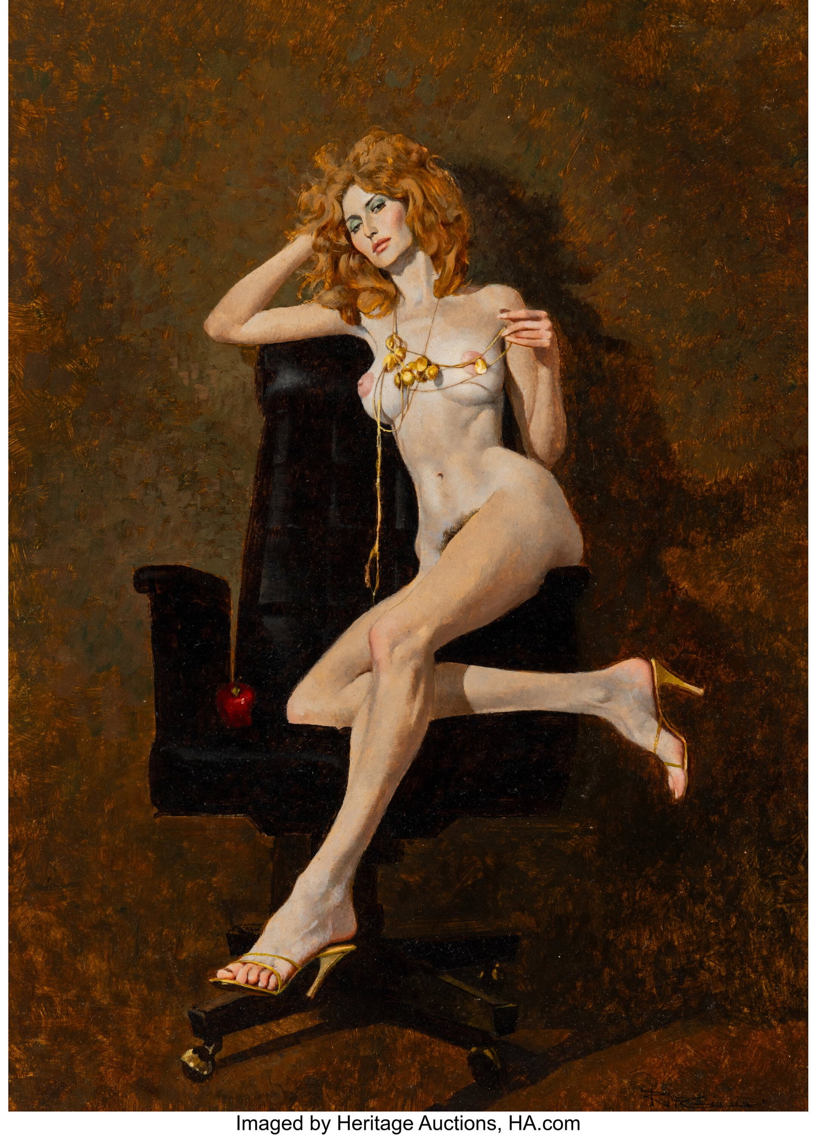 Robert McGinnis (American, 1926-2025) Ms. Hite O: Robert McGinnis (American, 1926-2025) Ms. Hite Oil on board 20-3/4 x 15 inches (52.7 x 38.1 cm) Signed lower right: Robert McGinnis Harkening b