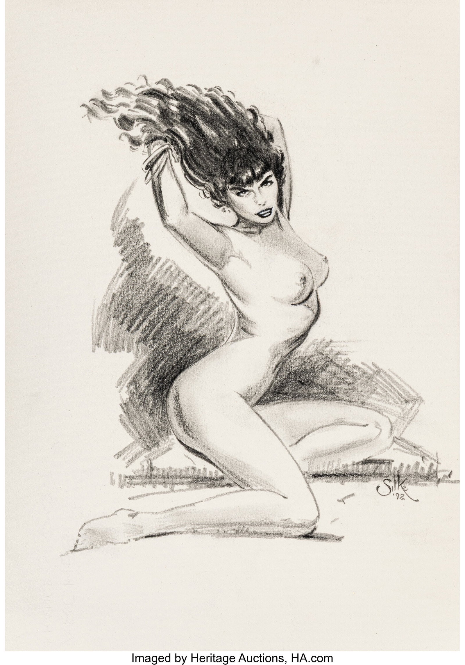 Jim Silke (American, 1931-2025) Bettie Page, 199: Jim Silke (American, 1931-2025) Bettie Page, 1992 Pencil on paper 14 x 9-7/8 inches (35.6 x 25.1 cm) (sheet) Signed and dated lower right&co