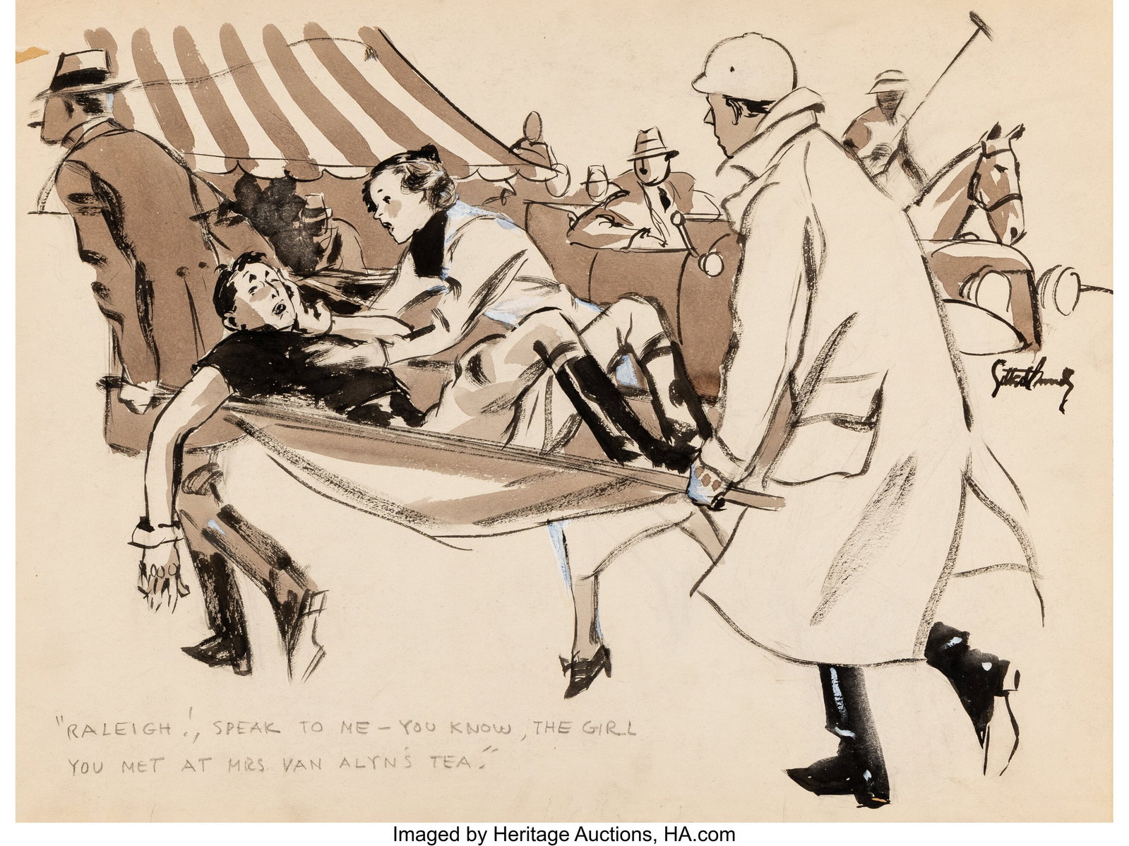 Gilbert Bundy (American, 1911-1955) Raleigh! Spe: Gilbert Bundy (American, 1911-1955) Raleigh! Speak to Me!, interior magazine cartoon Ink and wash on board 13 x 17 inches (33.0 x 43.2 cm) Signe