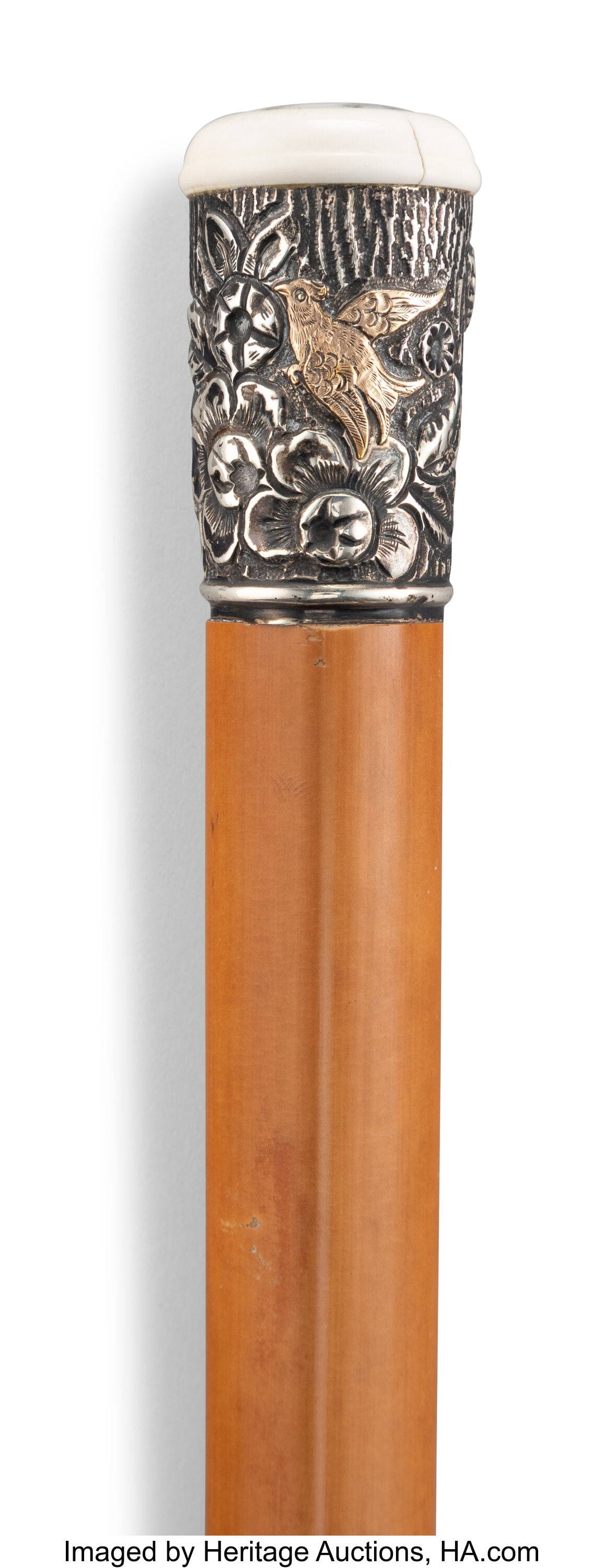 A William Demuth Co. Silver, Mixed Metal, and Ma: A William Demuth Co. Silver, Mixed Metal, and Marble-Mounted Carved Wood Cane, circa 1900 Marks: (triangle-WDC), STERLING 36 x 1-1/8 x 1-1/8 inch