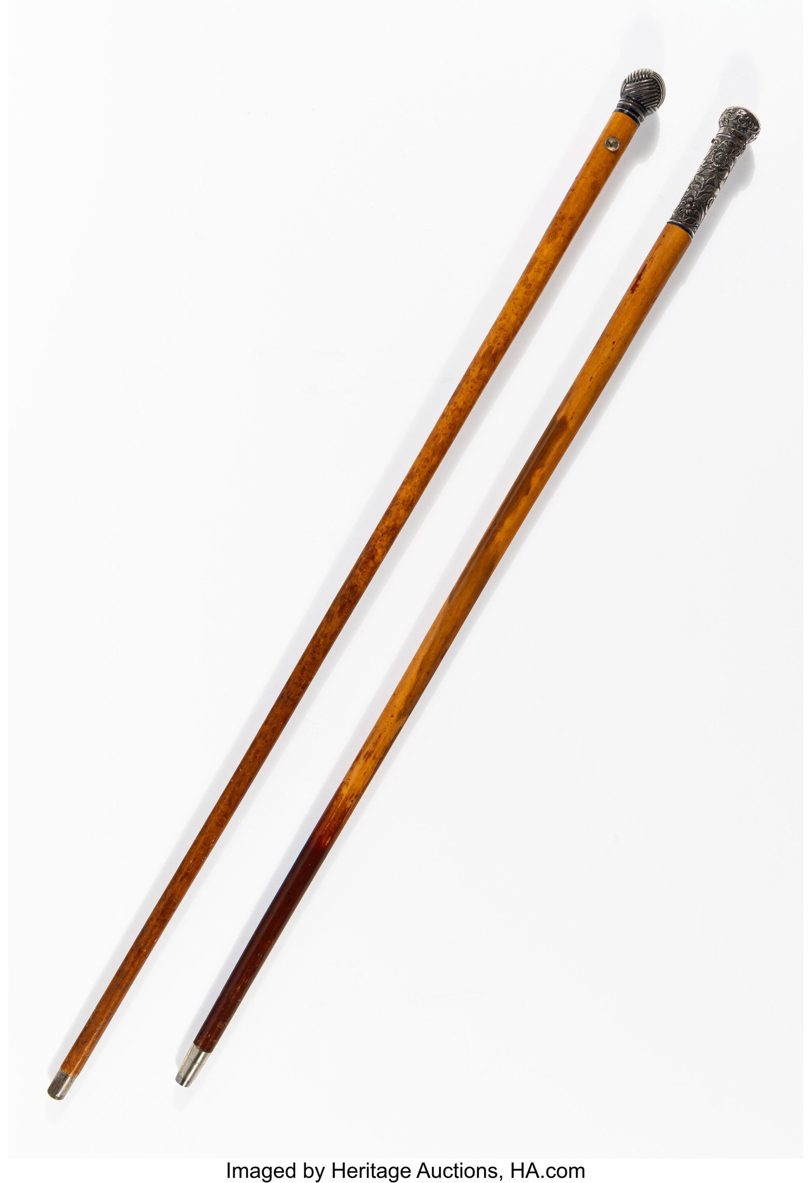 Two Silver-Mounted Carved Wood Canes: Clock and  (1 of 3)