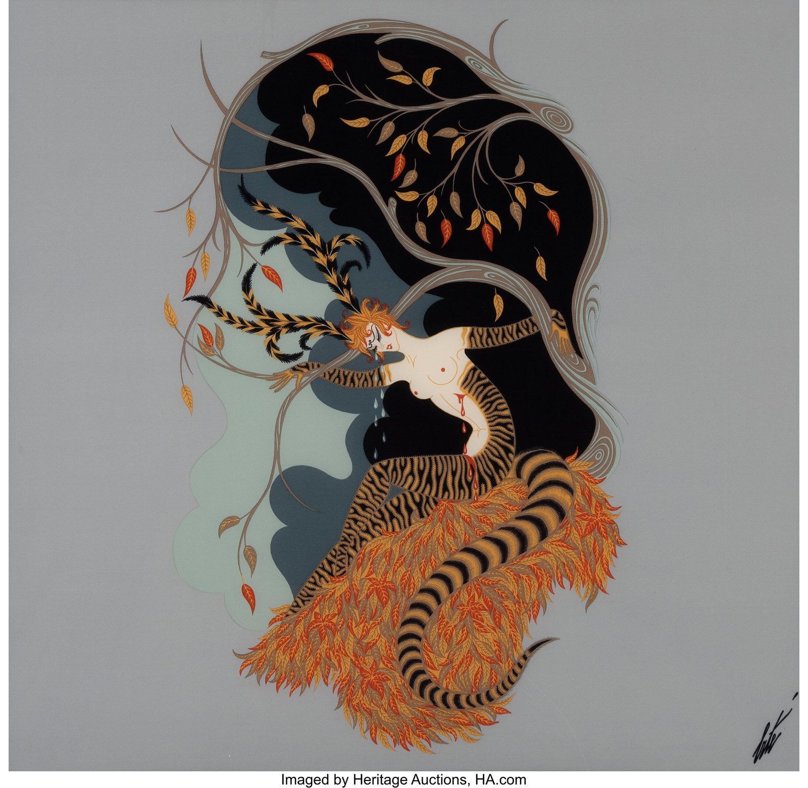 After Erté (Romain de Tirtoff) (Russian/French,: After Erté (Romain de Tirtoff) (Russian/French, 1892-1990) Tiger Lily, c. 1980's Screenprint in colors on silk 34 x 35 inches (86.4 x 88&p