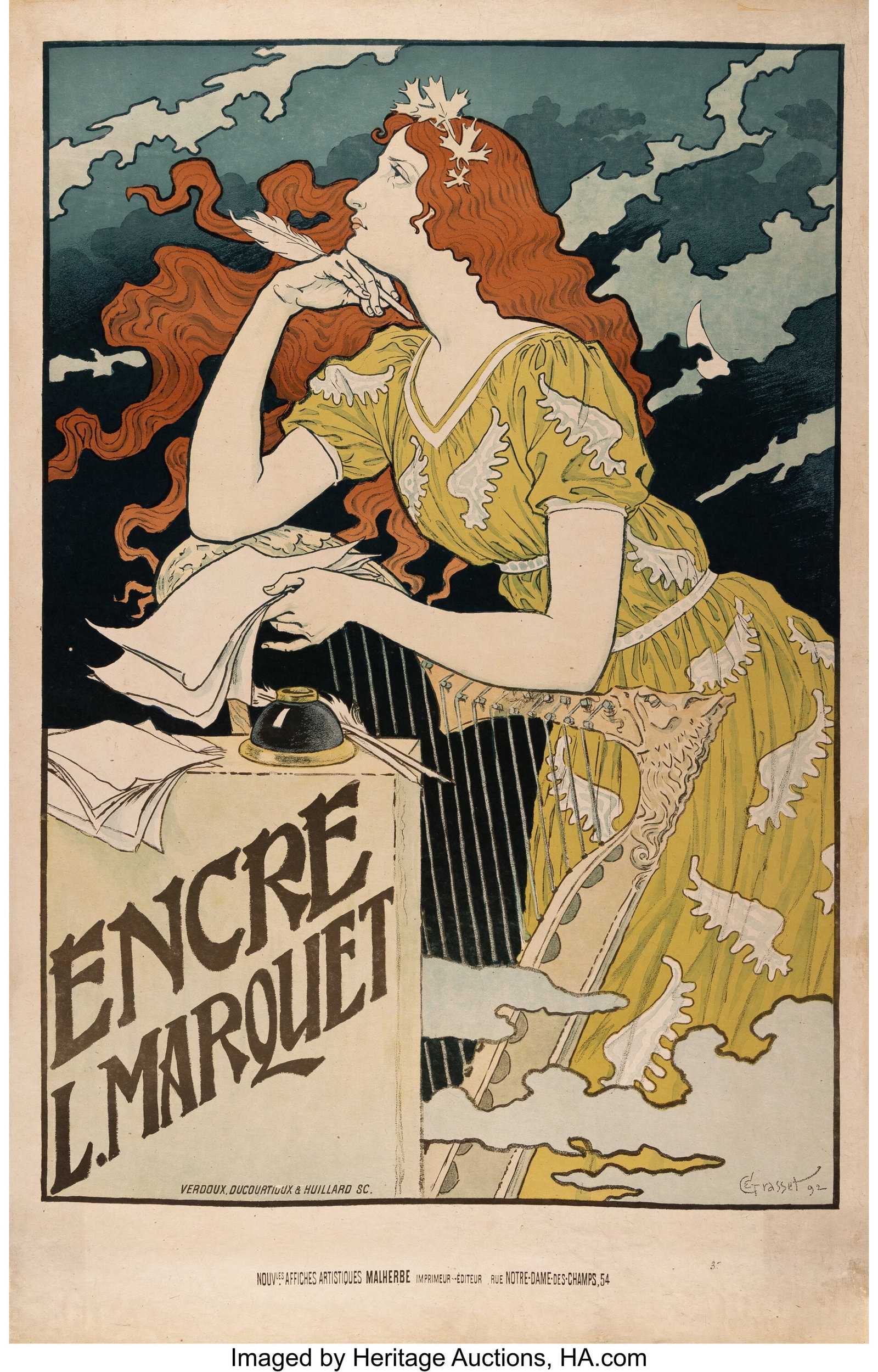 Eugène Samuel Grasset (Swiss, 1845-1917) Encre : Eugène Samuel Grasset (Swiss, 1845-1917) Encre L. Marquet, 1892 Lithograph in colors on wove paper laid on linen laid on board 50-1/2 x 32-5/8 inches (