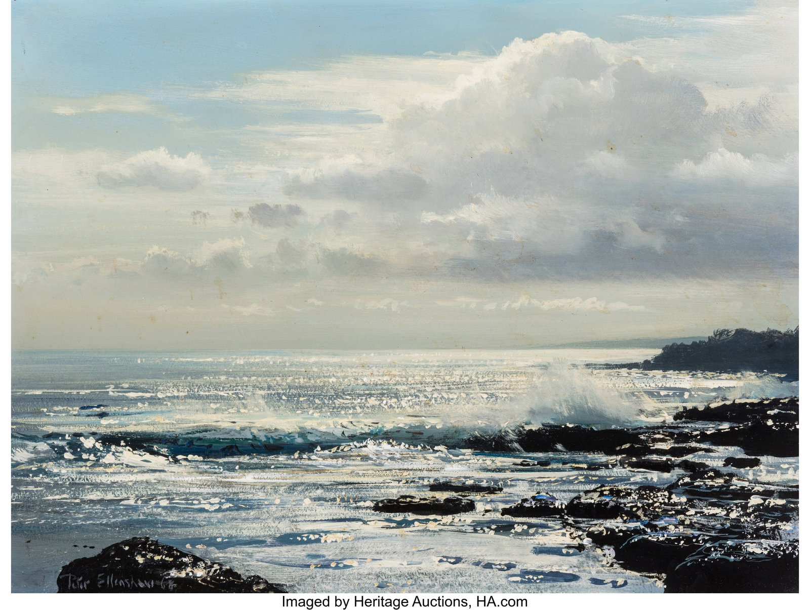 Peter Ellenshaw (American/British, 1913-2007) Wa: Peter Ellenshaw (American/British, 1913-2007) Waves, 1968 Oil on masonite 12 x 16 inches (30.5 x 40.6 cm) Signed and dated lower left: Peter Ell