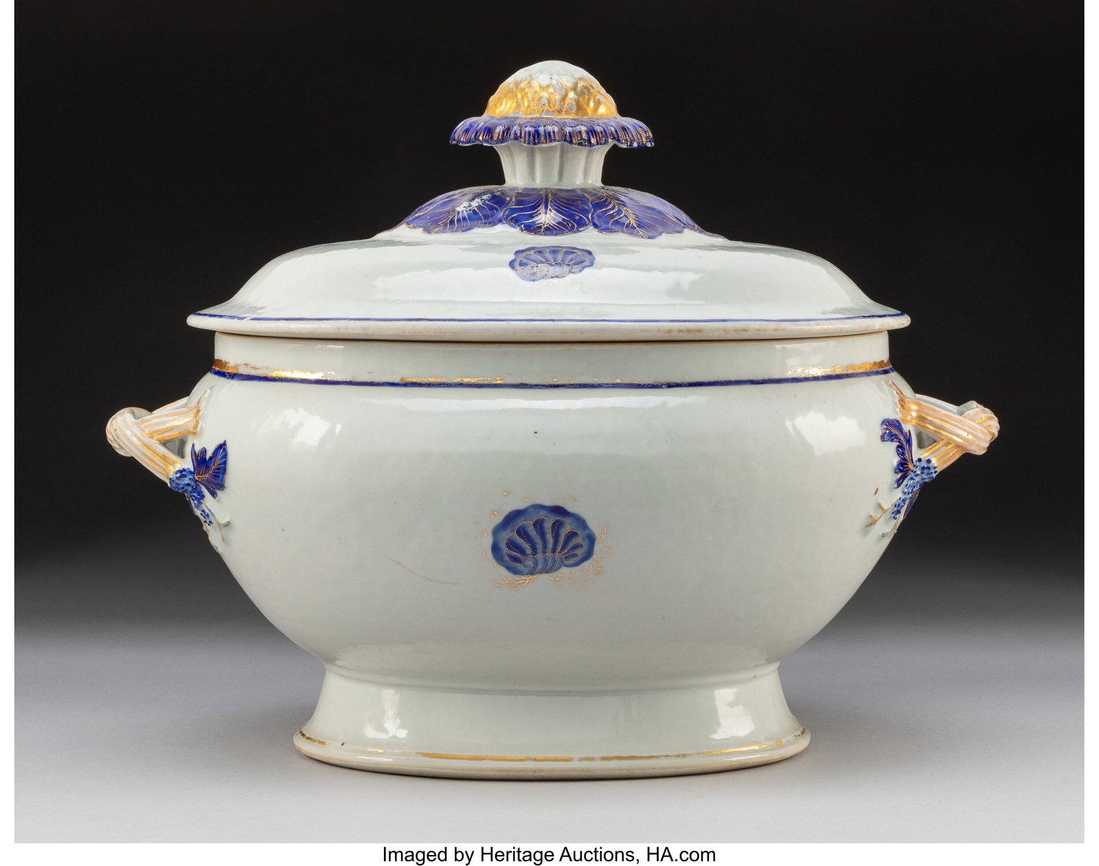 A Chinese Export Partial Gilt and Enameled Cover: A Chinese Export Partial Gilt and Enameled Covered Tureen, early 19th century 11-1/2 x 14 x 9 inches (29.2 x 35.6 x 22.9 cm) Property from a Rancho Santa Fe&co