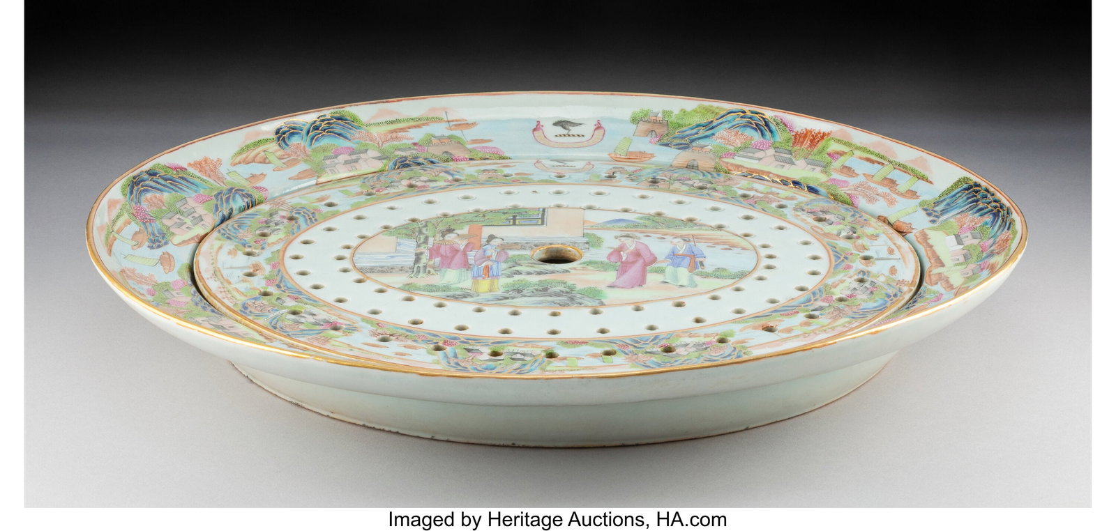 A Large Chinese Export Famille Rose Platter with: A Large Chinese Export Famille Rose Platter with Strainer, 19th century 2-1/2 x 17-5/8 x 14-7/8 inches (6.3 x 44.8 x 37.8 cm) decorated with a gatherin