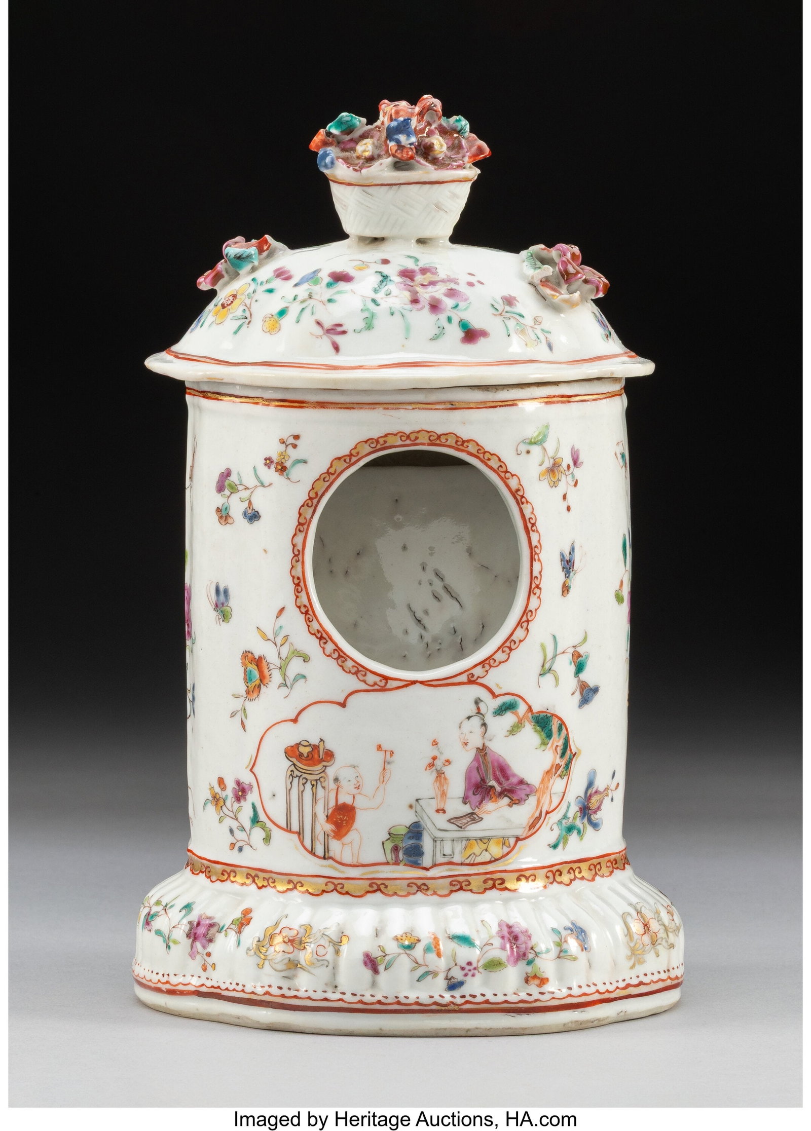 A Chinese Export Famille Rose Covered Pocket Wat: A Chinese Export Famille Rose Covered Pocket Watch Holder, Qianglong period 8 x 4-1/2 x 4 inches (20.3 x 11.4 x 10.2 cm) Property from a Rancho Santa Fe,