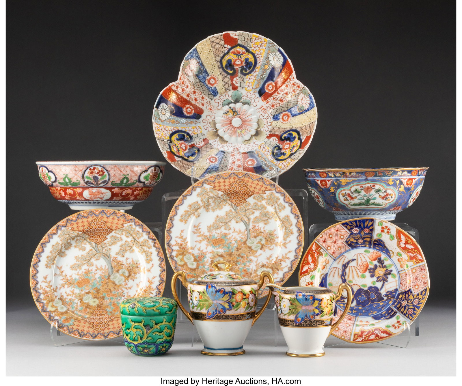 Nine Japanese Enameled and Partial Gilt Table Ar: Nine Japanese Enameled and Partial Gilt Table Articles Marks: (various) 4-5/8 x 5-1/8 x 3-1/2 inches (11.7 x 13.0 x 8.9 cm) (tallest&com
