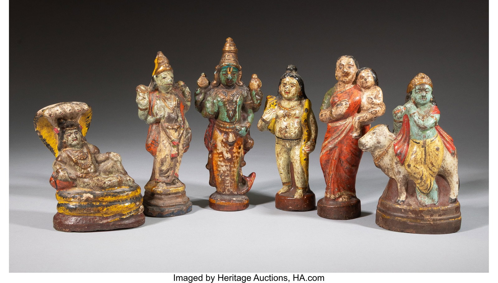 Six Polychromed Pottery Figures of Indian Deitie: Six Polychromed Pottery Figures of Indian Deities 8-1/8 x 3-1/8 x 1-1/2 inches (20.6 x 7.9 x 3.8 cm) (tallest) Property from the Private Collection
