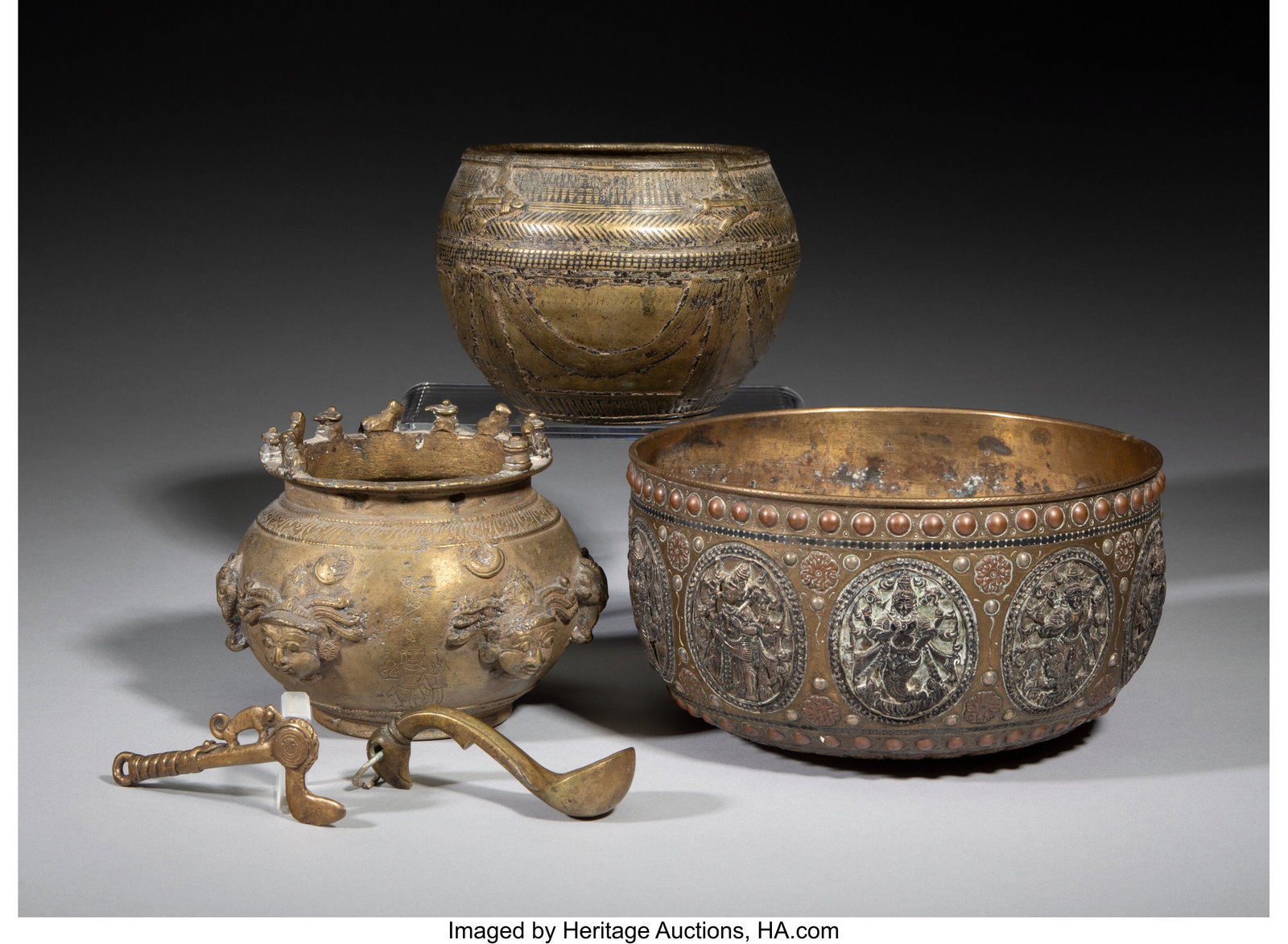 Three Indian Brass Bowls with a Small Knife and  (1 of 2)
