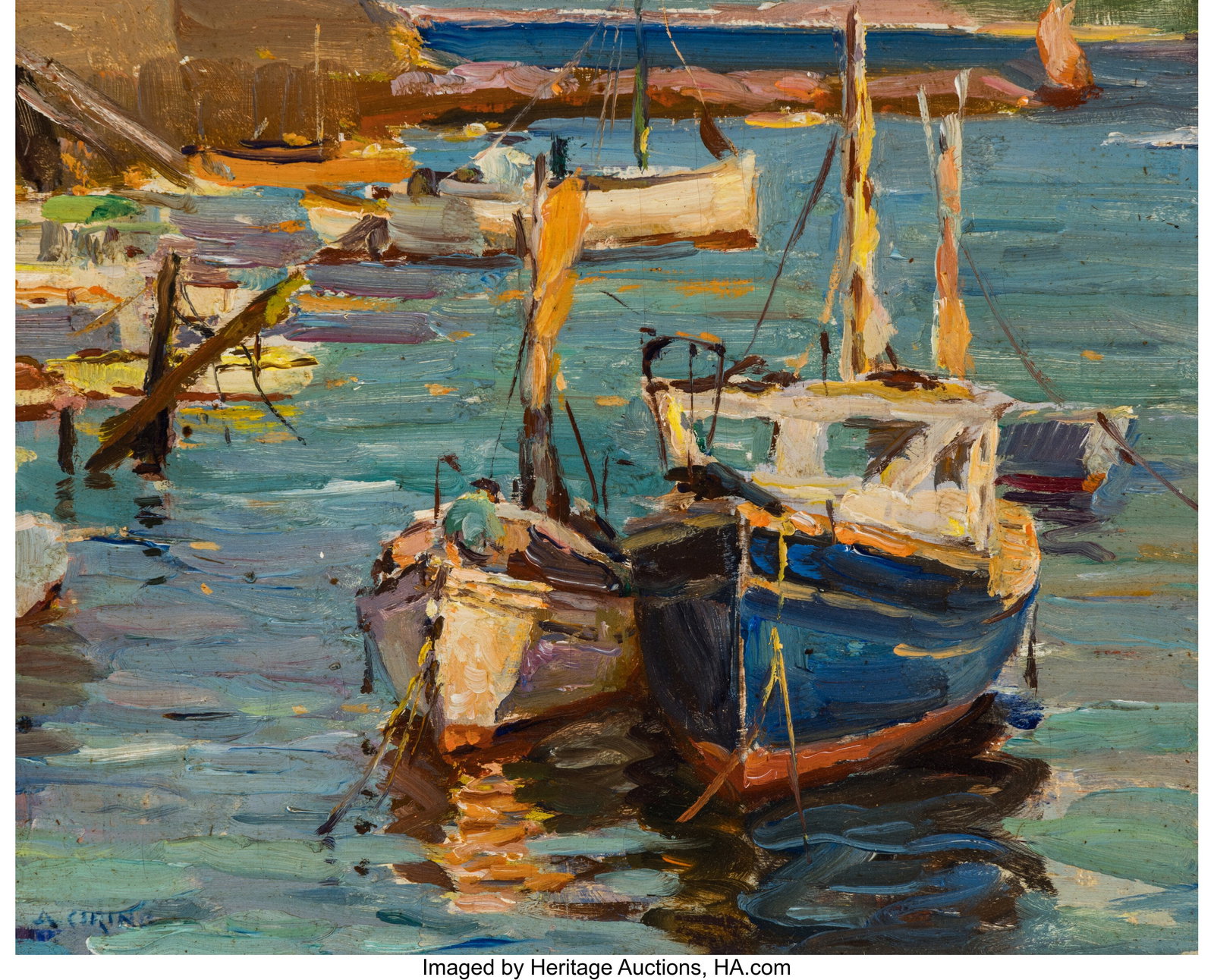Antonio Cirino (Italian/American, 1889-1983) Lob: Antonio Cirino (Italian/American, 1889-1983) Lobsterman at bay Oil on canvas laid on board 8 x 9-7/8 inches (20.3 x 25.1 cm) Signed lower right: A