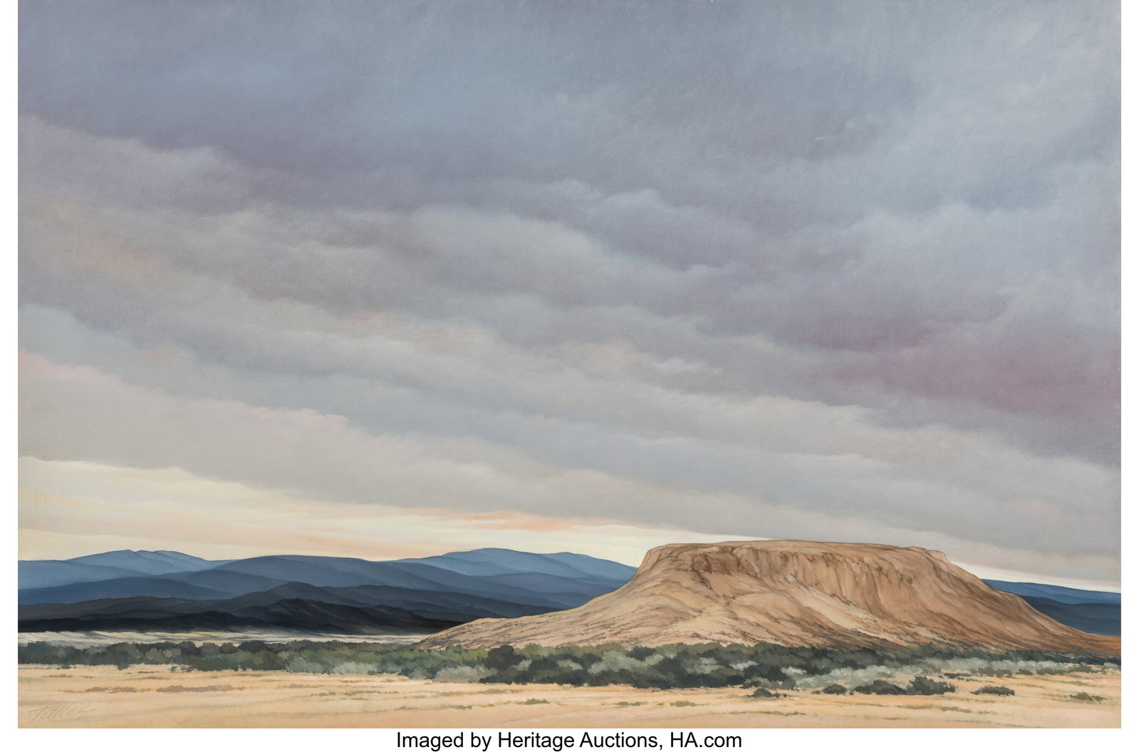 Tallie Moore (American, b. 1933) Mesa in Sunset,: Tallie Moore (American, b. 1933) Mesa in Sunset, 1982 Oil on canvas 40 x 60 inches (101.6 x 152.4 cm) Signed: Tallie Titled and signed on rev