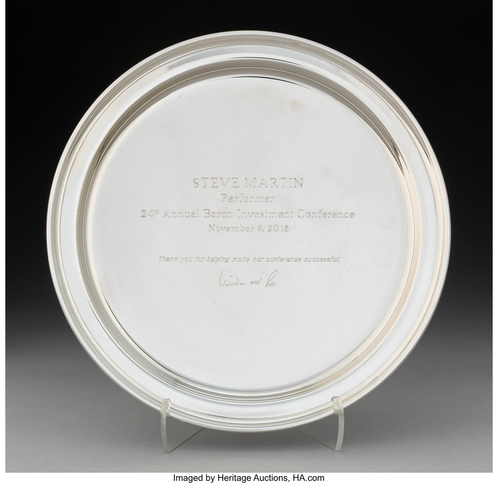 A Tiffany & Co. Silver Commemorative Plate Engra: A Tiffany & Co. Silver Commemorative Plate Engraved to Performer Steve Martin , New York, 2015 Marks: TIFFANY & CO., MAKERS 25011, AG925 0-1/2 x