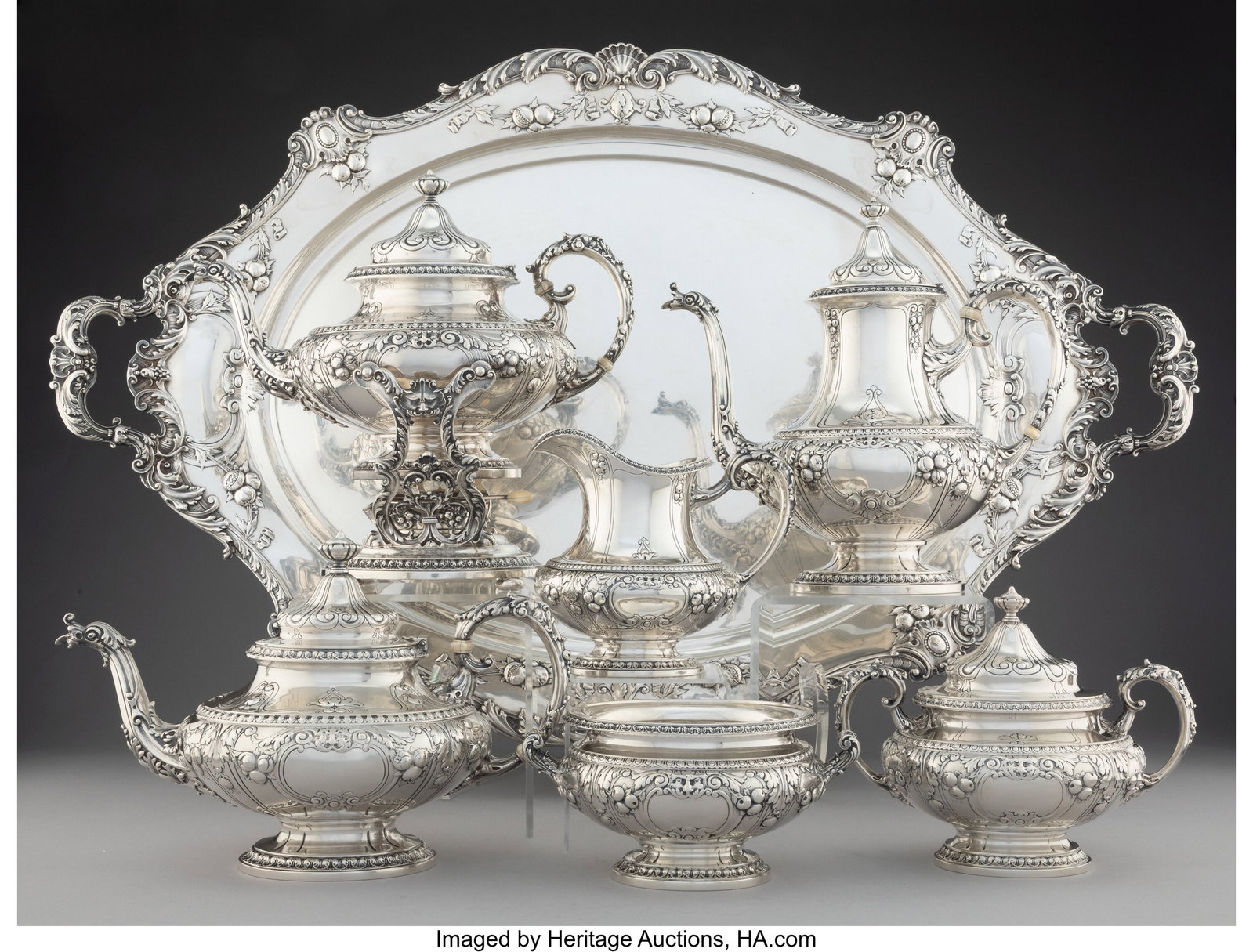 A Seven-Piece Gorham Mfg. Co. Silver Tea & Coffe: A Seven-Piece Gorham Mfg. Co. Silver Tea & Coffee Set Including Tray, Providence, Rhode Island, circa 1900 Marks to kettle-on-stand: (lion-anchor-G)