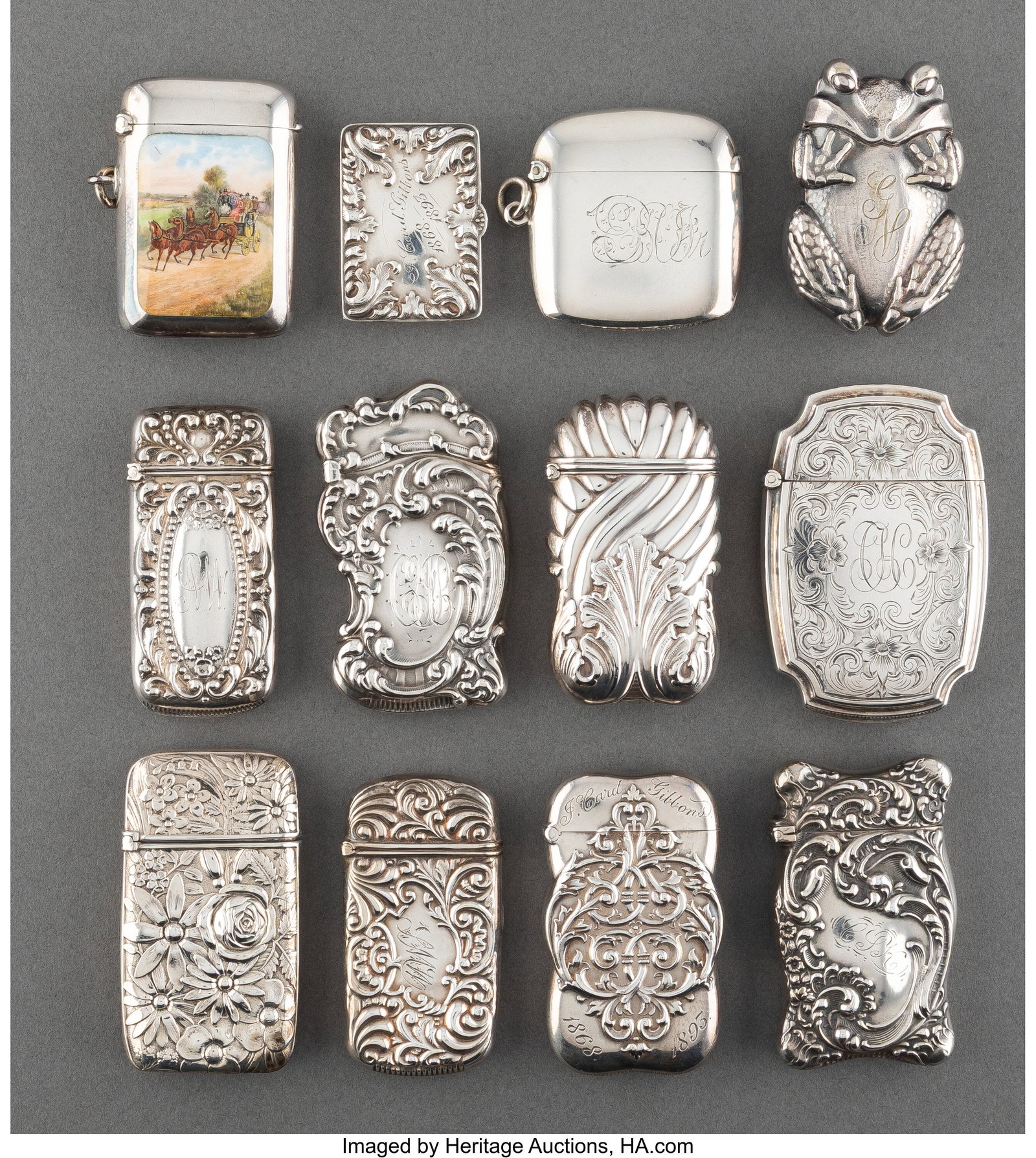 A Group of Twelve American and British Silver Ma: A Group of Twelve American and British Silver Matchstick Holders, late 19th to early 20th century Marks to largest: (shield-S), STERLING, 2050, D 2-3/4 x 1-