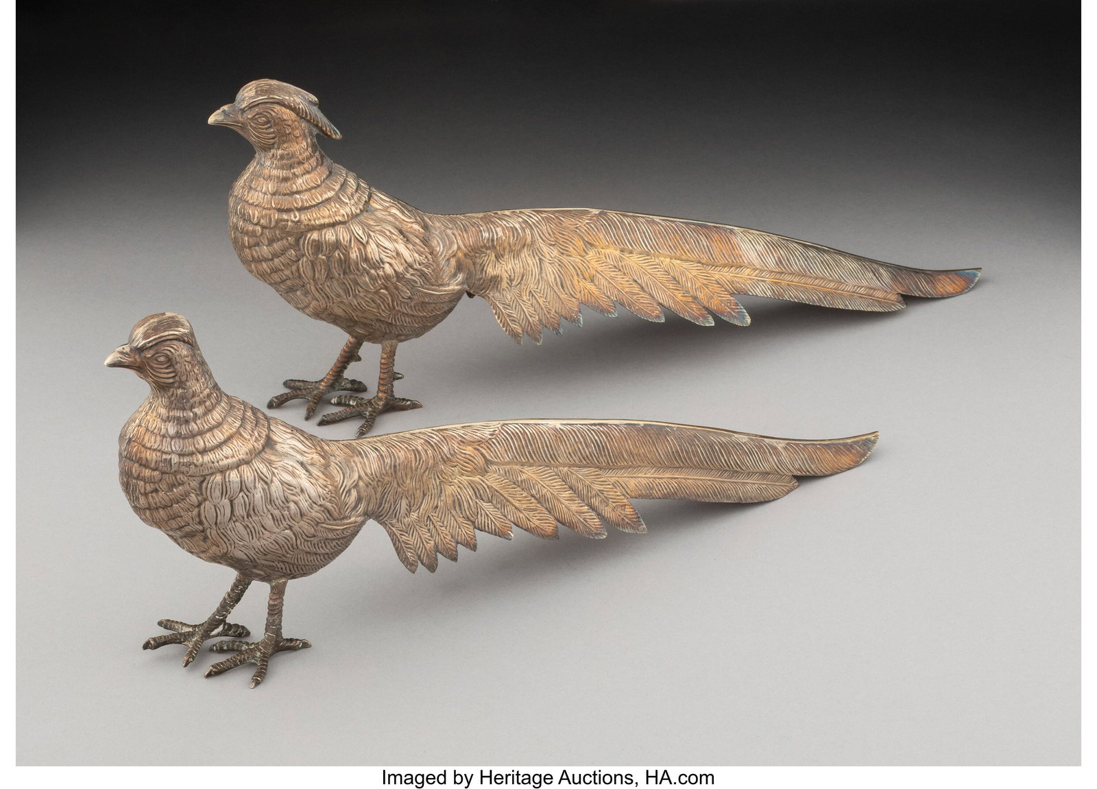 A Pair of Continental Silver Pheasants, late 19t: A Pair of Continental Silver Pheasants, late 19th to early 20th century Marks: STERLING SILVER, GH, 925 5 x 2 x 11-1/2 inches (12.7 x 5.1 x 29.2