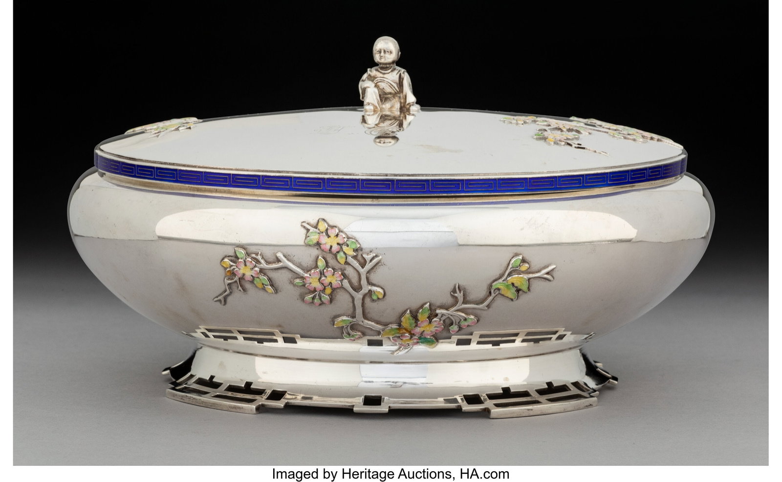 A Mt. Vernon Company Silversmiths Enameled Silve: A Mt. Vernon Company Silversmiths Enameled Silver Covered Footed Bowl, New York, circa 1915 Marks: (profile), STERLING, R258 5 x 8-7/8 inches (1