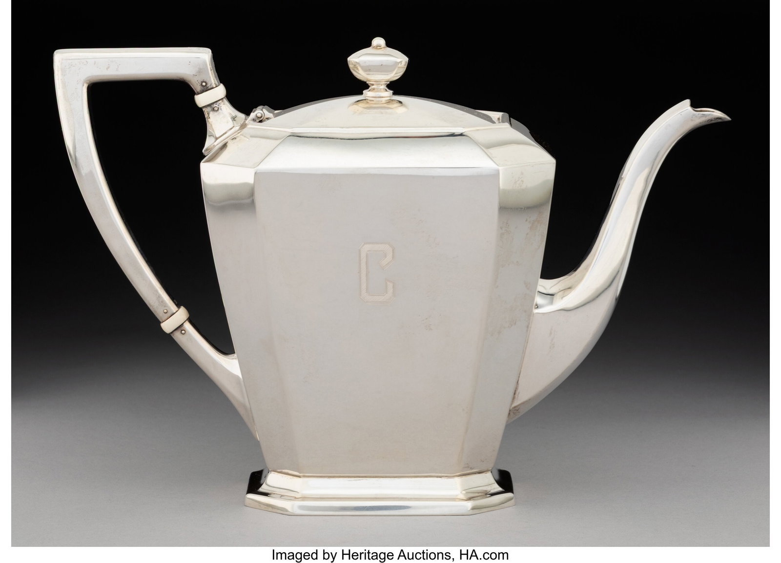 A Gorham Mfg. Co. Fairfax Pattern Silver Tea Pot: A Gorham Mfg. Co. Fairfax Pattern Silver Tea Pot, Providence, Rhode Island, 1957 Marks: GORHAM, (lion-anchor-G), STERLING, 04, &