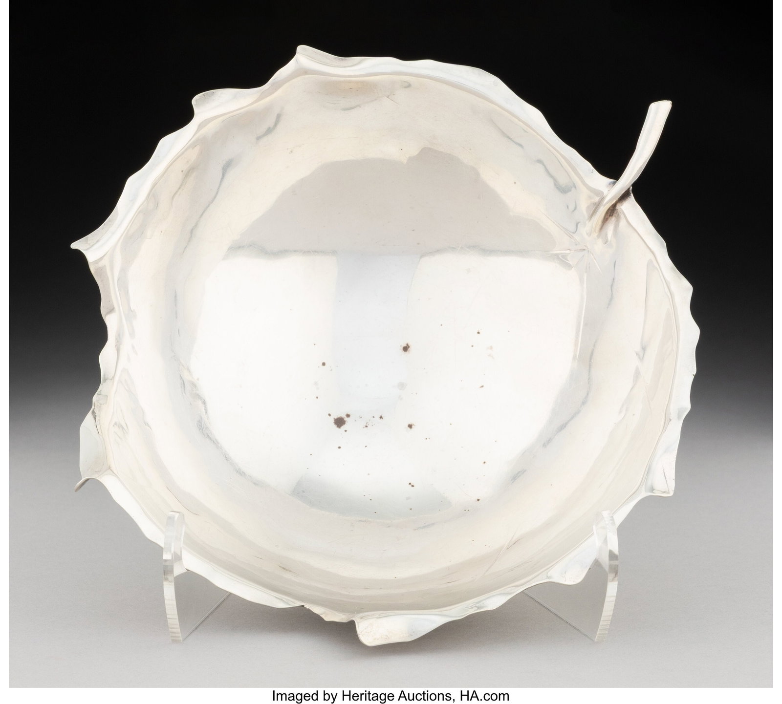 An Alfredo Sciarrotta Silver Footed Leaf-Form Bo: An Alfredo Sciarrotta Silver Footed Leaf-Form Bowl for Shreve, Crump & Low, Newport, Rhode Island, circa 1950 Marks: HAND MADE BY SCIARROTTA STERLING, SHREVE CR