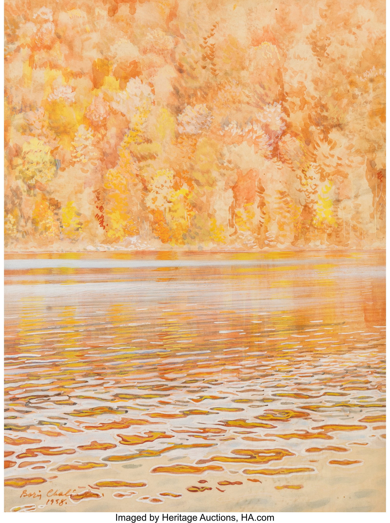 Boris Chaliapin (American, 1897-1979) Autumnal l: Boris Chaliapin (American, 1897-1979) Autumnal lake scene, 1958 Watercolor and gouache on board 14-3/8 x 10-3/4 inches (36.5 x 27.3 cm) (boar