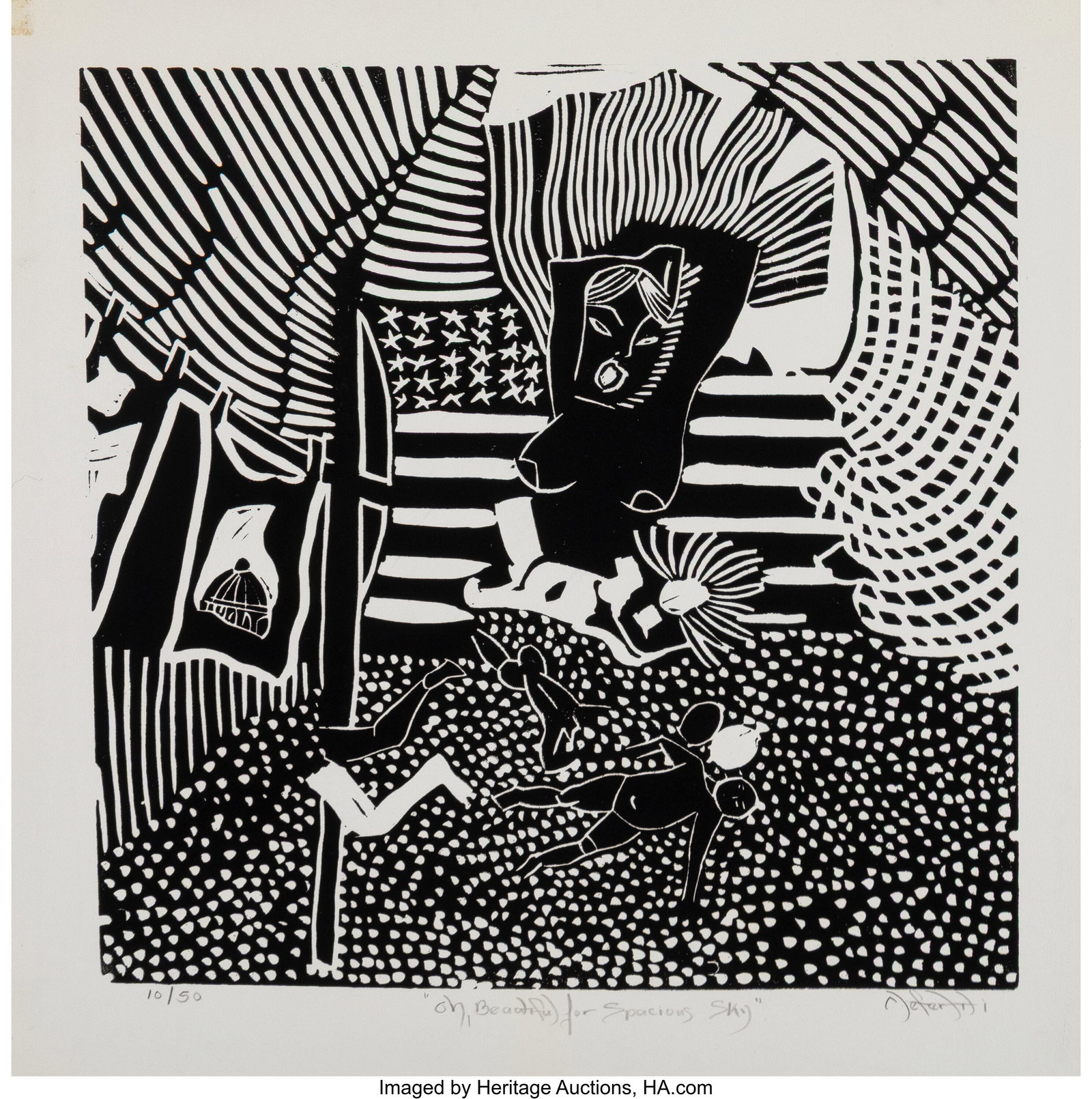 Nefertiti Goodman (American, 1950) Oh, Beautiful: Nefertiti Goodman (American, 1950) Oh, Beautiful for Spacious Sky Linocut on paper 14-1/4 x 14-1/4 inches (36.2 x 36.2 cm) Ed. 10/50 Si