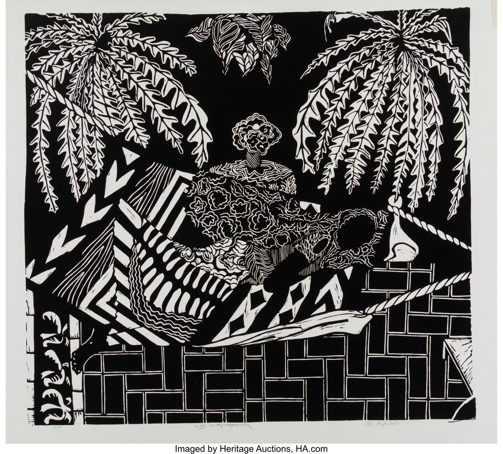 Nefertiti Goodman (American, 1950) Lady on the H: Nefertiti Goodman (American, 1950) Lady on the Hammock Linocut on Rives paper 22 x 26-1/8 inches (55.9 x 66.4 cm) Ed. 11/50 Signed, edition