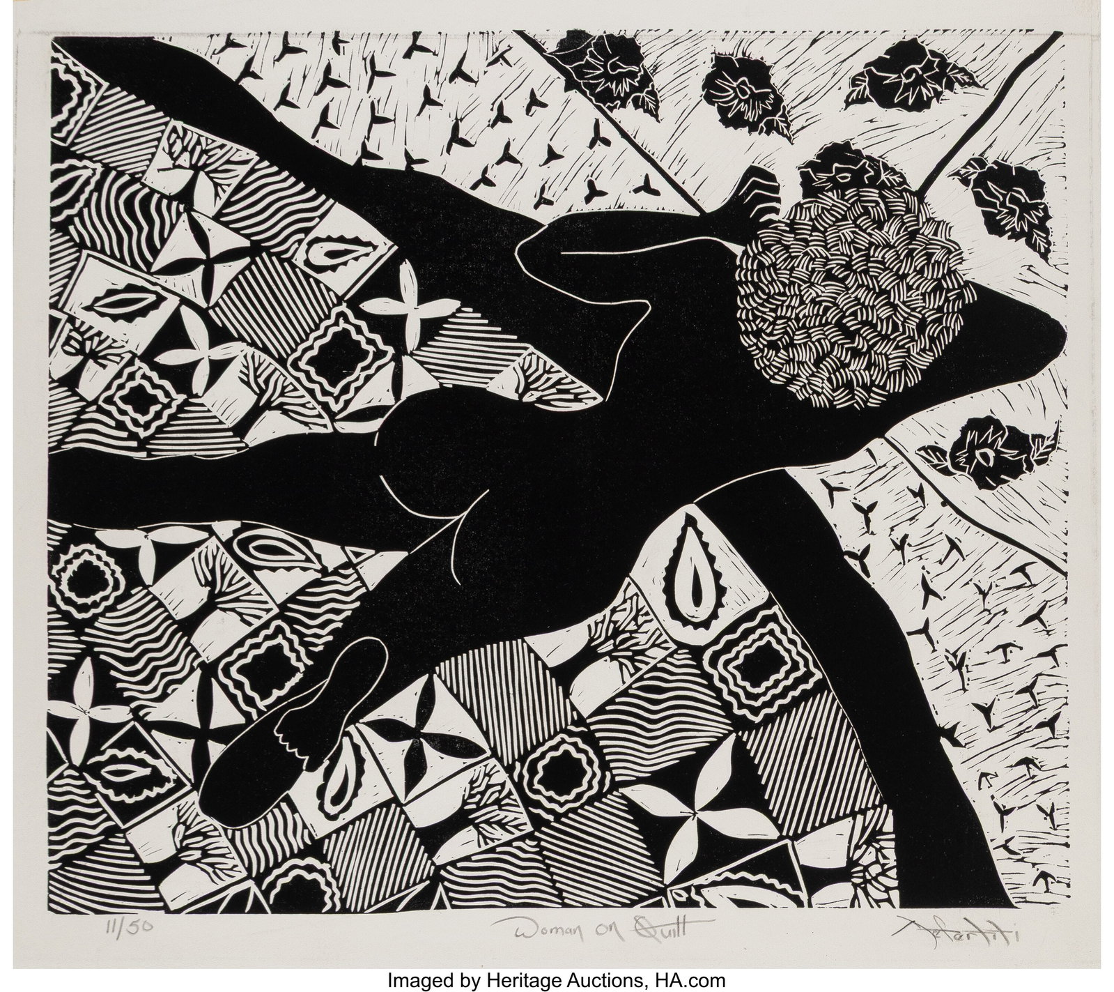 Nefertiti Goodman (American, 1950) Woman on Quil: Nefertiti Goodman (American, 1950) Woman on Quilt Linocut on paper 20 x 21 inches (50.8 x 53.3 cm) Ed. 11/50 Signed, editioned, and title