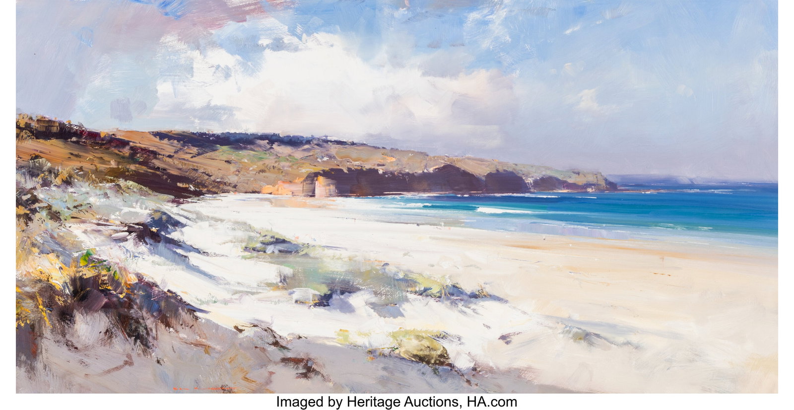 Kenneth J. Knight (Australian, b. 1956) A quiet : Kenneth J. Knight (Australian, b. 1956) A quiet beach Oil on board 23 x 45 inches (58.4 x 114.3 cm) Signed lower left: Ken J. Knight 