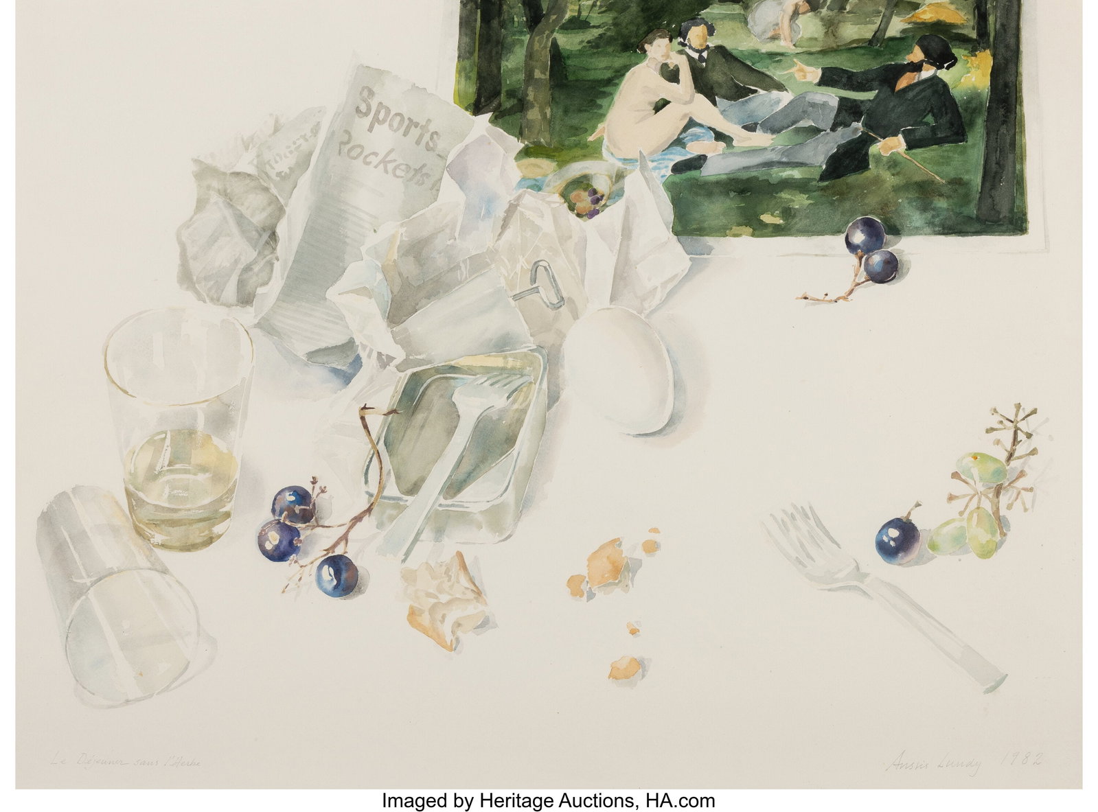 Anstis Lundy (American , 1924-2009) Le Déjeuner: Anstis Lundy (American , 1924-2009) Le Déjeuner sans l'Herbe, 1982 Watercolor on paper 22-1/2 x 29-3/4 inches (57.1 x 75.6 cm) (sight&