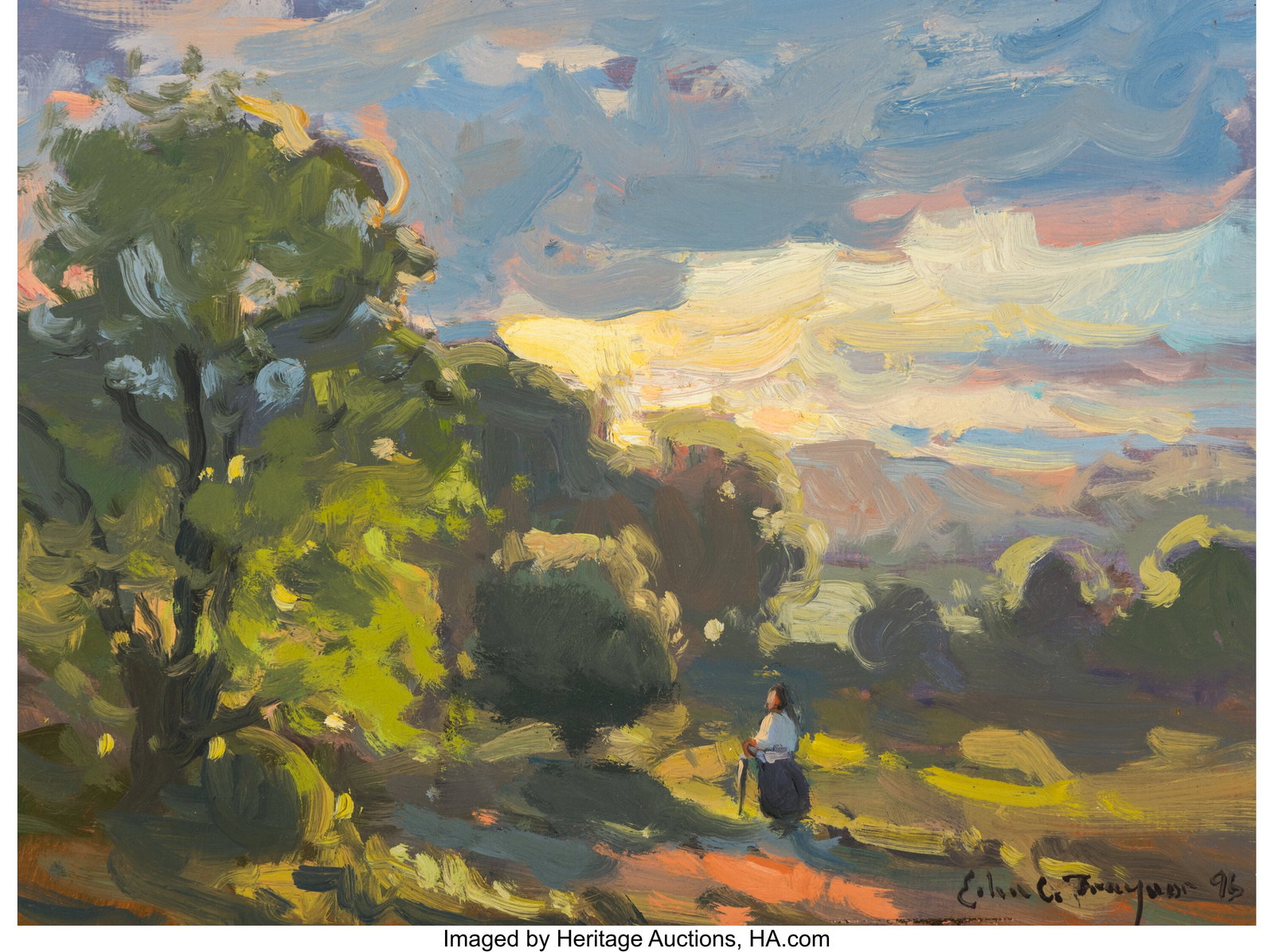John C. Traynor (American, b. 1961) Sunset with : John C. Traynor (American, b. 1961) Sunset with figure, 1996 Oil on panel 8-7/8 x 11-7/8 inches (22.5 x 30.2 cm) Signed and dated lo