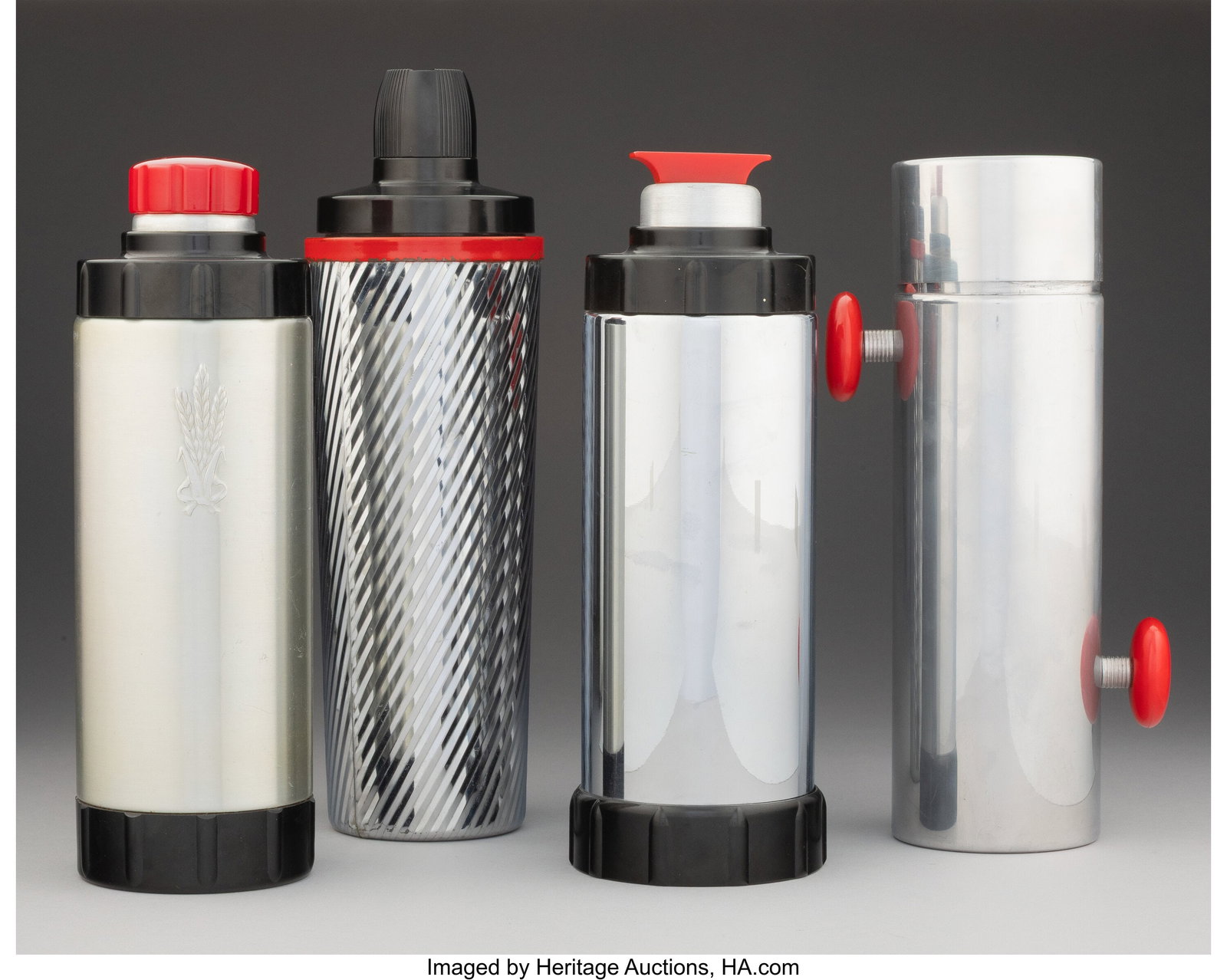 American Group of Four Cocktail Shakers, circa 1: American Group of Four Cocktail Shakers, circa 1930s Chromed metal, aluminum, plastic, glass 13 x 4 inches (33.0 x 10.2 cm) (tallest, Ritz sh