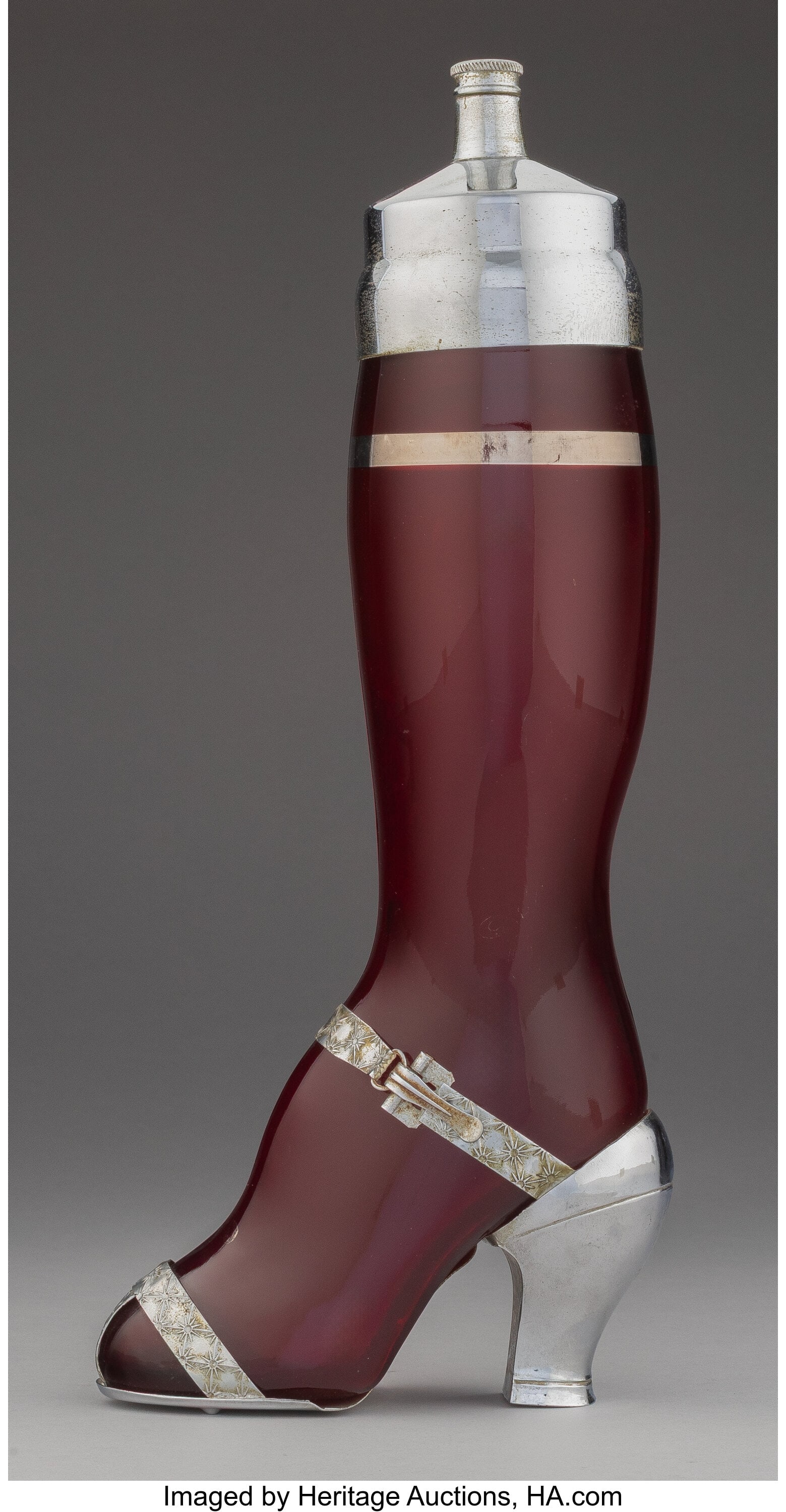 West Virginia Specialty Glass Co. Lady's Leg Coc: West Virginia Specialty Glass Co. Lady's Leg Cocktail Shaker, circa 1937 Ruby glass, silver and chrome-plated metal 15-1/2 x 3-1/2 inches (39.4 x 8.9 cm&r