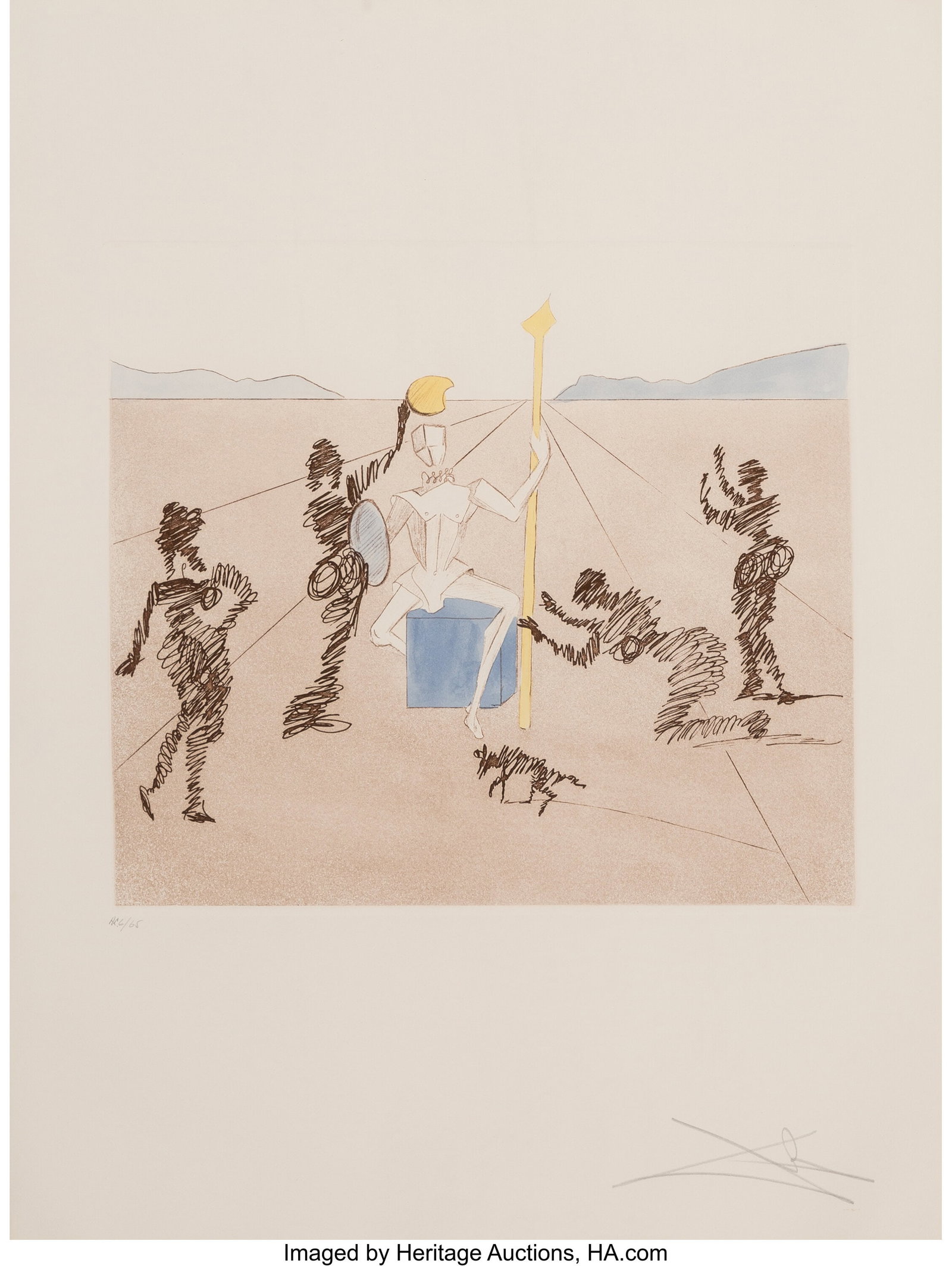 Salvador Dali (1904-1989) The Golden Helmet of M: Salvador Dali (1904-1989) The Golden Helmet of Mandrino, from Historia de Don Quichotte de la Mancha, 1980 Etching and aquatint in colors on Arches paper 29-3/4 x 22-1/4 