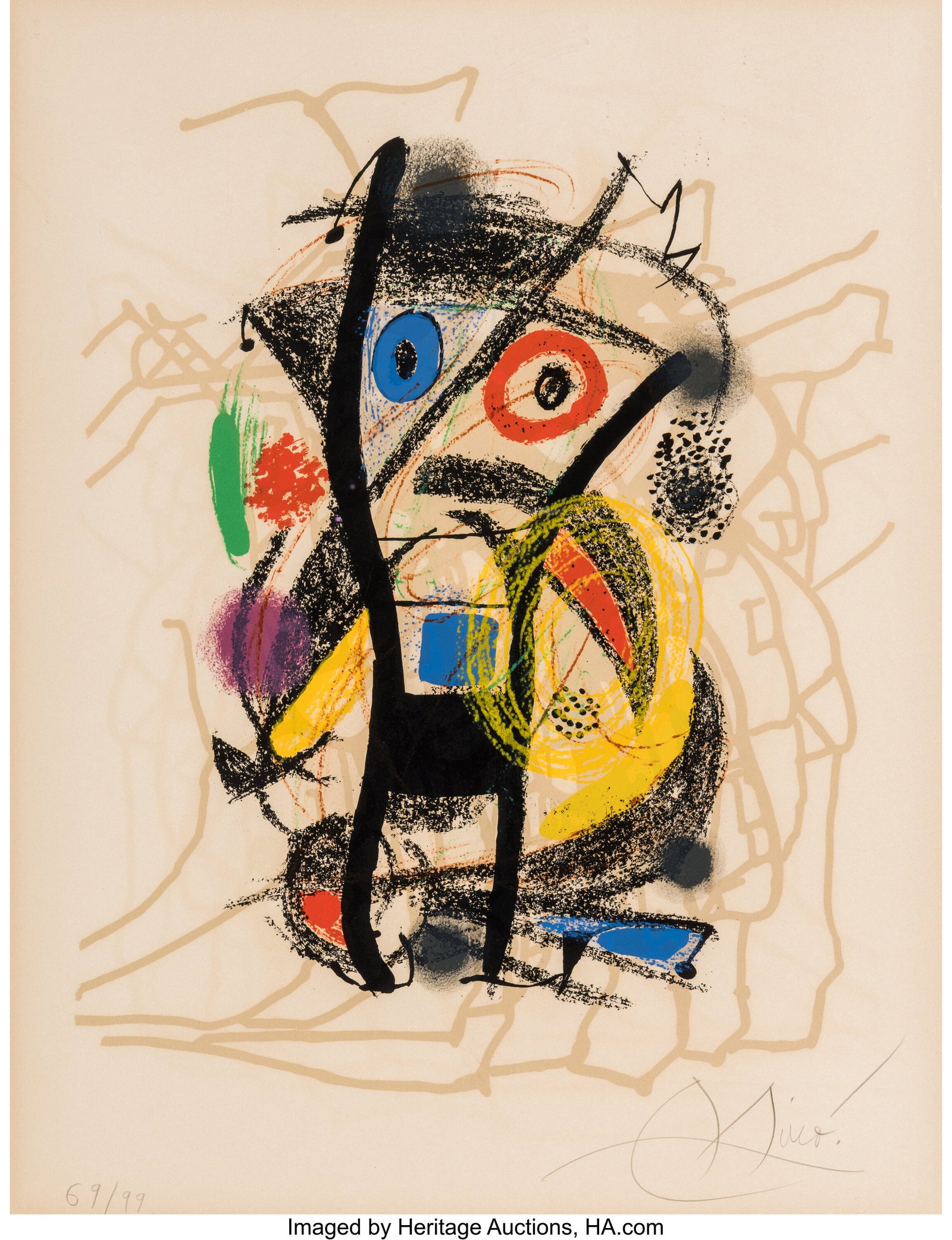Joan Miró (1893-1983) Hommage à Hélion, 1976 : Joan Miró (1893-1983) Hommage à Hélion, 1976 Lithograph in colors on wove paper 27-1/4 x 20-3/4 inches (69.2 x 52.7 cm) (sight