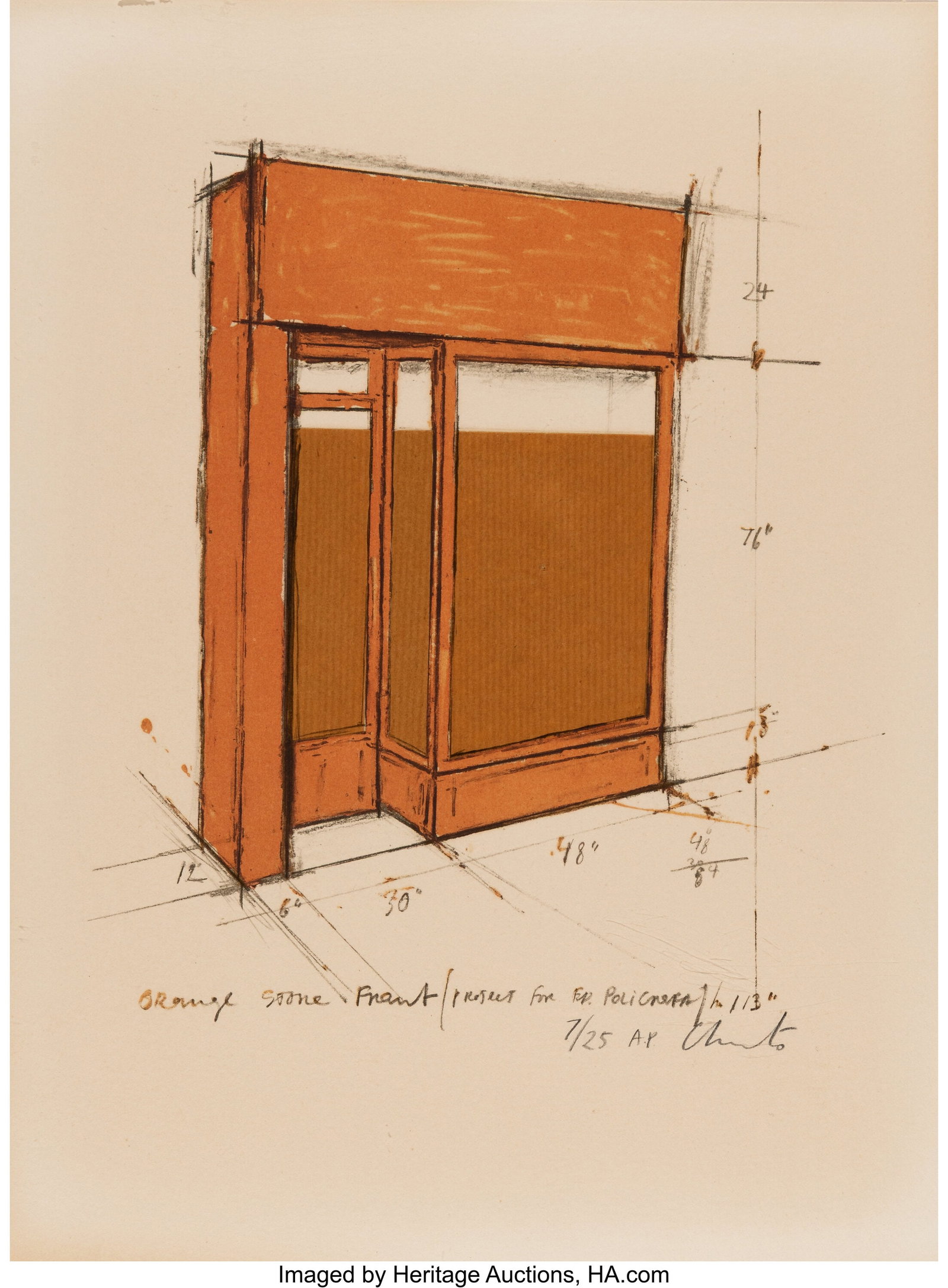 Christo (1935-2020) Orange Store Front, Project,: Christo (1935-2020) Orange Store Front, Project, 1979 Lithograph in colors with brown paper collage on wove paper 14-1/4 x 10-3/4 inches (36.2 x 27.3 c