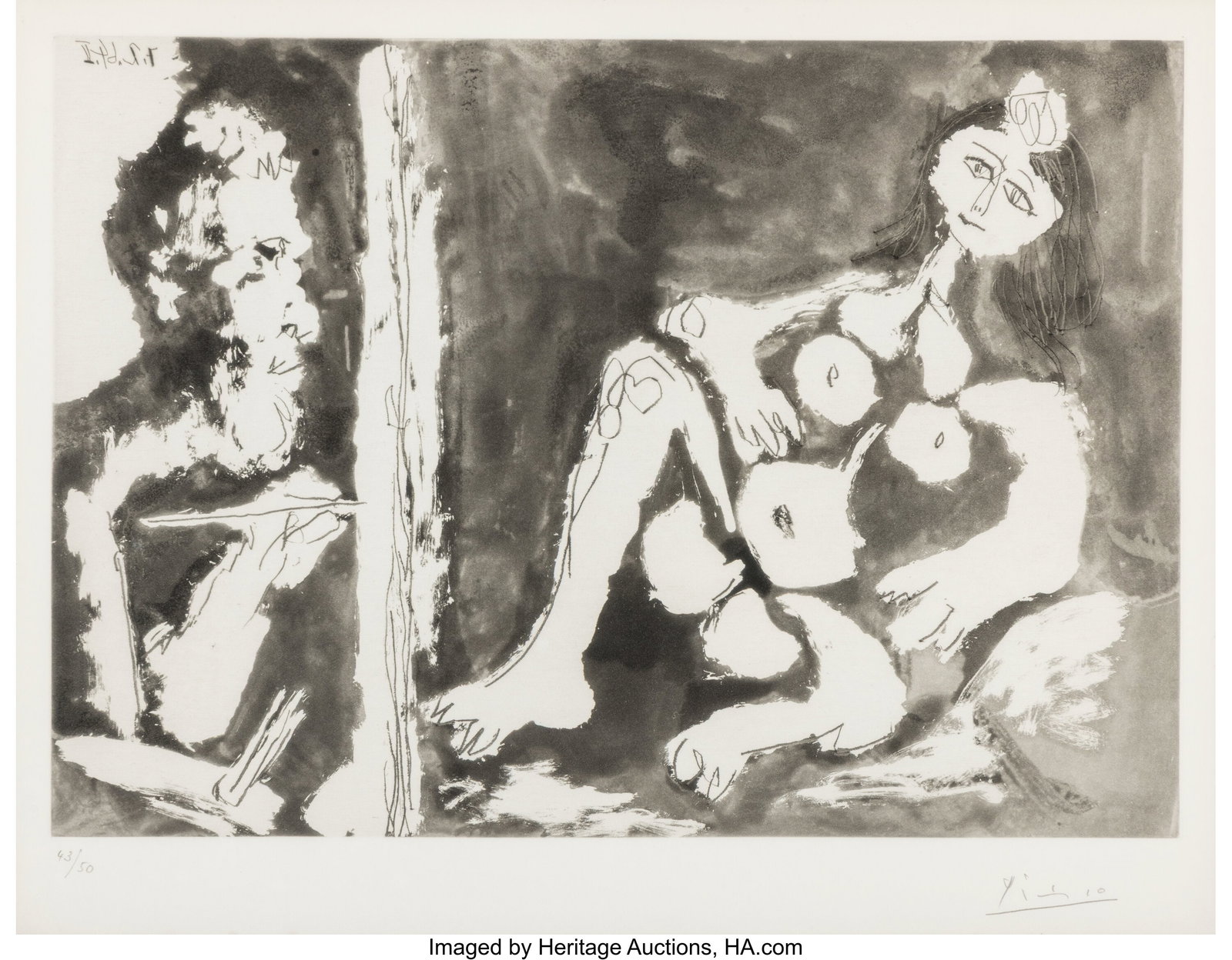 Pablo Picasso (1881-1973) Peintre, et modèle av: Pablo Picasso (1881-1973) Peintre, et modèle avec un noeud dans les cheveux, 1964, published 1967 Etching and aquatint on B.F.K. Rives paper 12-