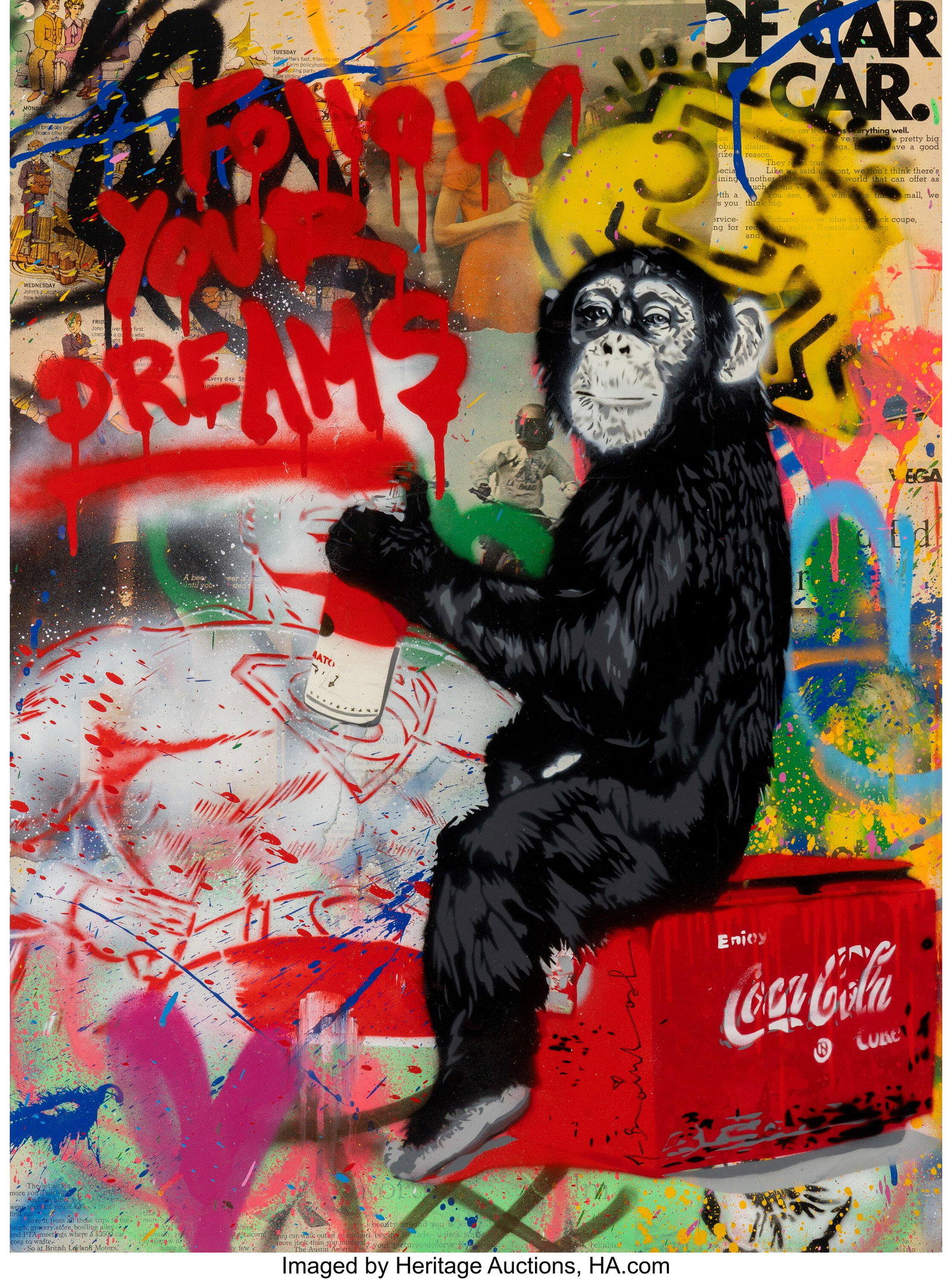 Mr. Brainwash (b. 1966) Follow Your Dreams, 2016: Mr. Brainwash (b. 1966) Follow Your Dreams, 2016 Screenprint in colors, spray paint, and collage on wove paper 30-1/4 x 22-1/2 inches (76.