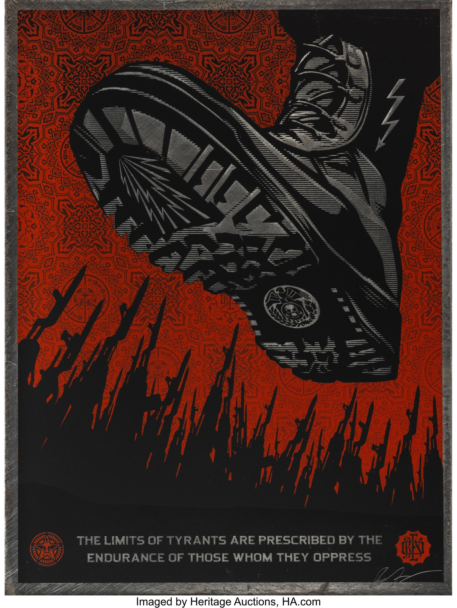 Shepard Fairey (b. 1970) The Limits of Tyrants, : Shepard Fairey (b. 1970) The Limits of Tyrants, 2010 Screenprint in colors on aluminum 24 x 18 inches (61.0 x 45.7 cm) Ed. 1/2 Signed, d