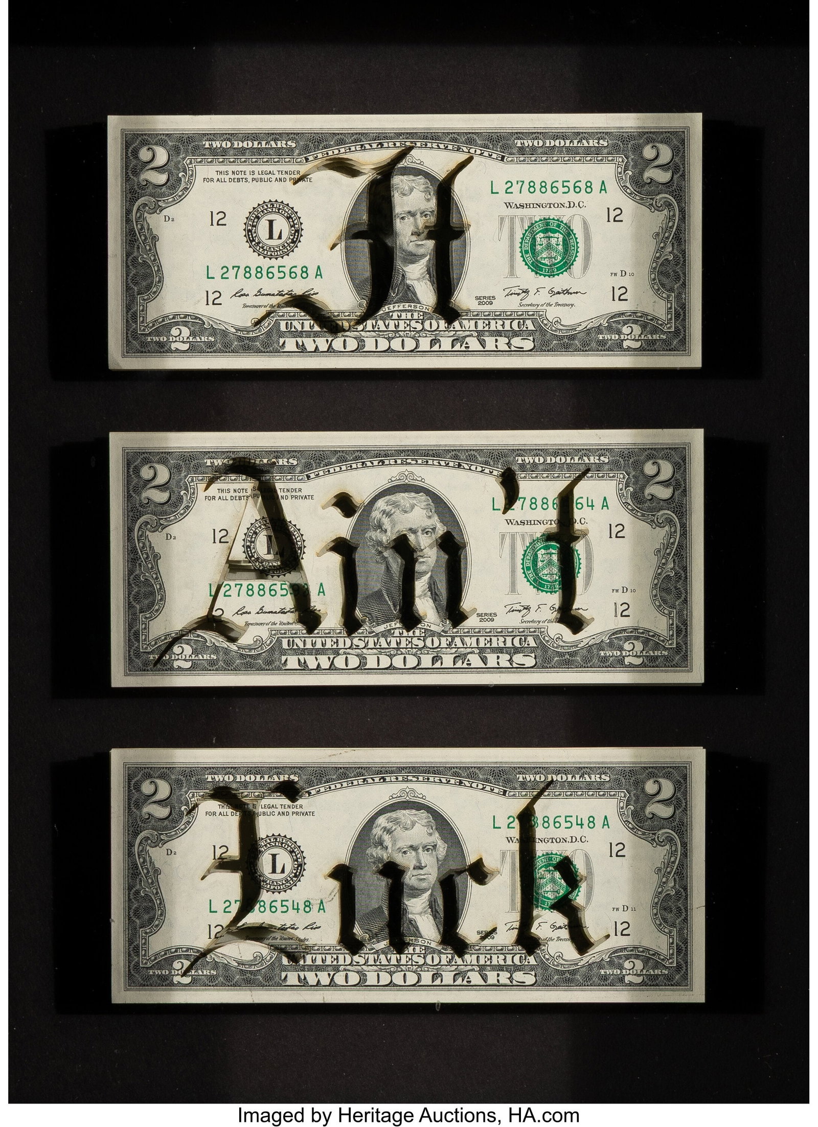 Scott Campbell (b. 1977) It Ain't Luck, 2015 Las: Scott Campbell (b. 1977) It Ain't Luck, 2015 Laser cut $2 bills 14-1/2 x 11-1/4 inches (36.8 x 28.6 cm) Ed. 11/15 Signed,