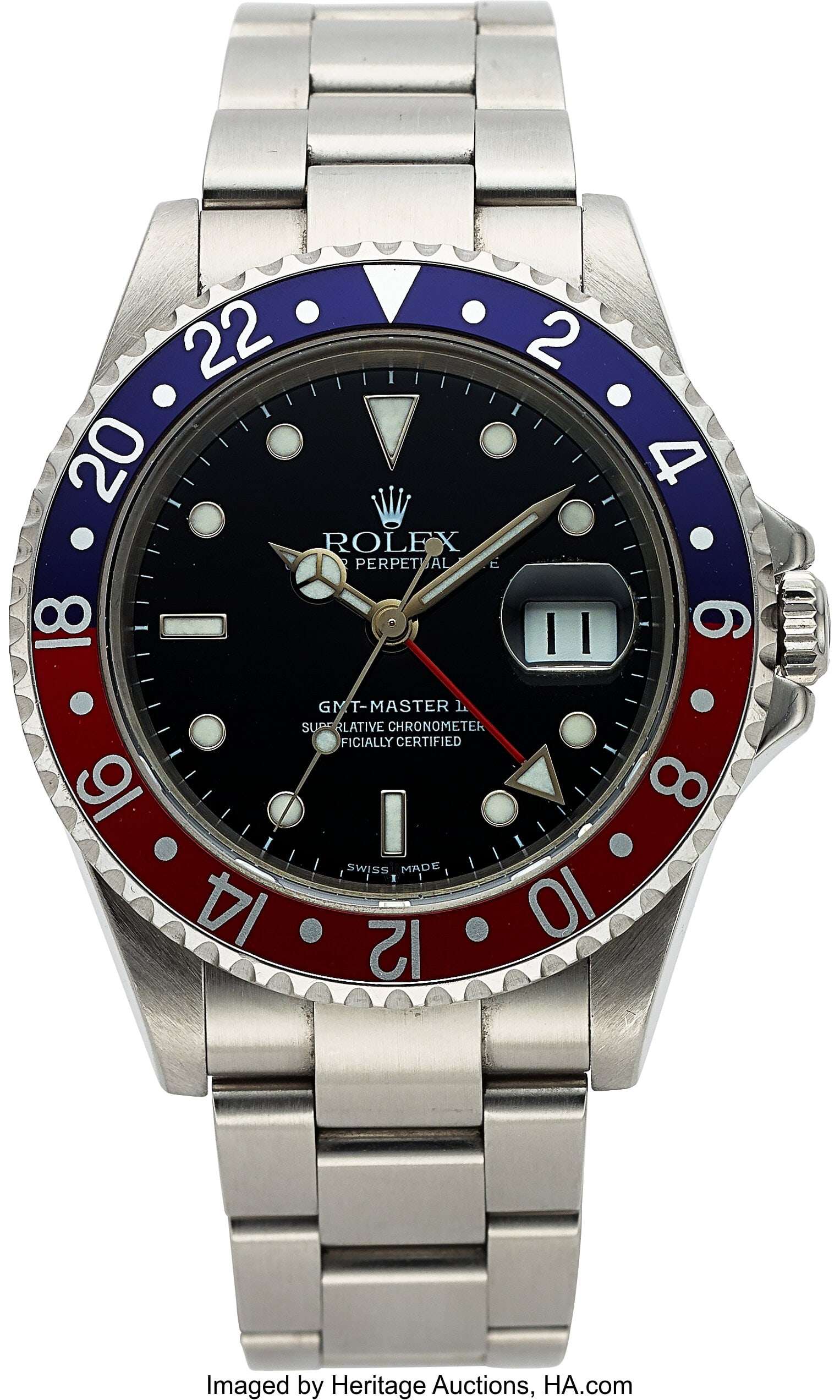 Rolex Oyster Perpetual GMT-Master II, Ref. 16710: Rolex Oyster Perpetual GMT-Master II, Ref. 16710 Case: 40 mm, stainless steel, three body, screw-down case back and crown, bidirectional rotating Pepsi bezel