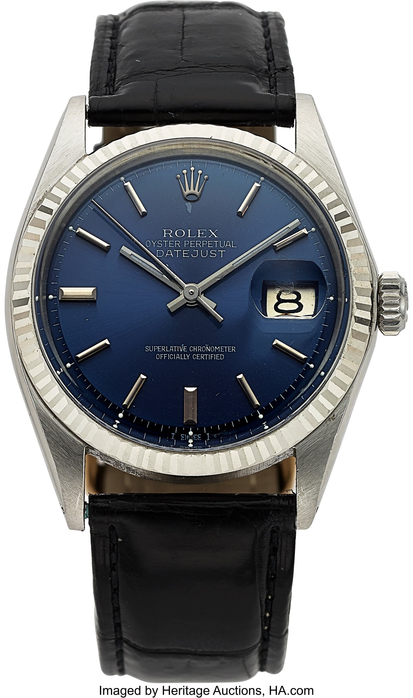 Rolex Oyster Perpetual Datejust, Ref. 1601 Case: Rolex Oyster Perpetual Datejust, Ref. 1601 Case: 36 mm, stainless steel, three body, screw-down case back and crown, fixed fluted bezel, No. 262