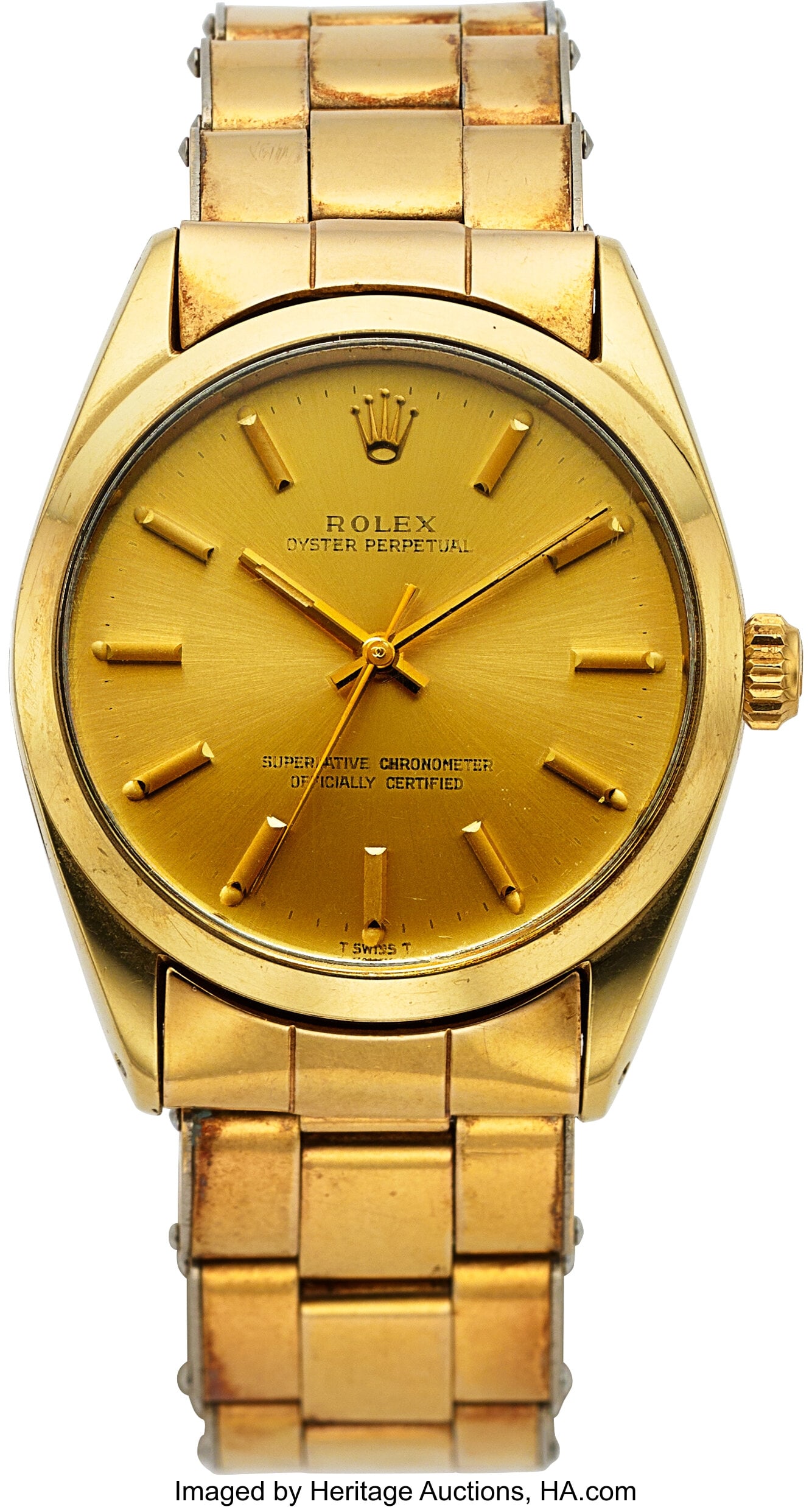 Rolex Oyster Perpetual, 34 mm, Ref. 1024, Circa : Rolex Oyster Perpetual, 34 mm, Ref. 1024, Circa 1966 Case: 34 mm, gold on steel, three body, screw-down case back, No. 2733938 Dial: