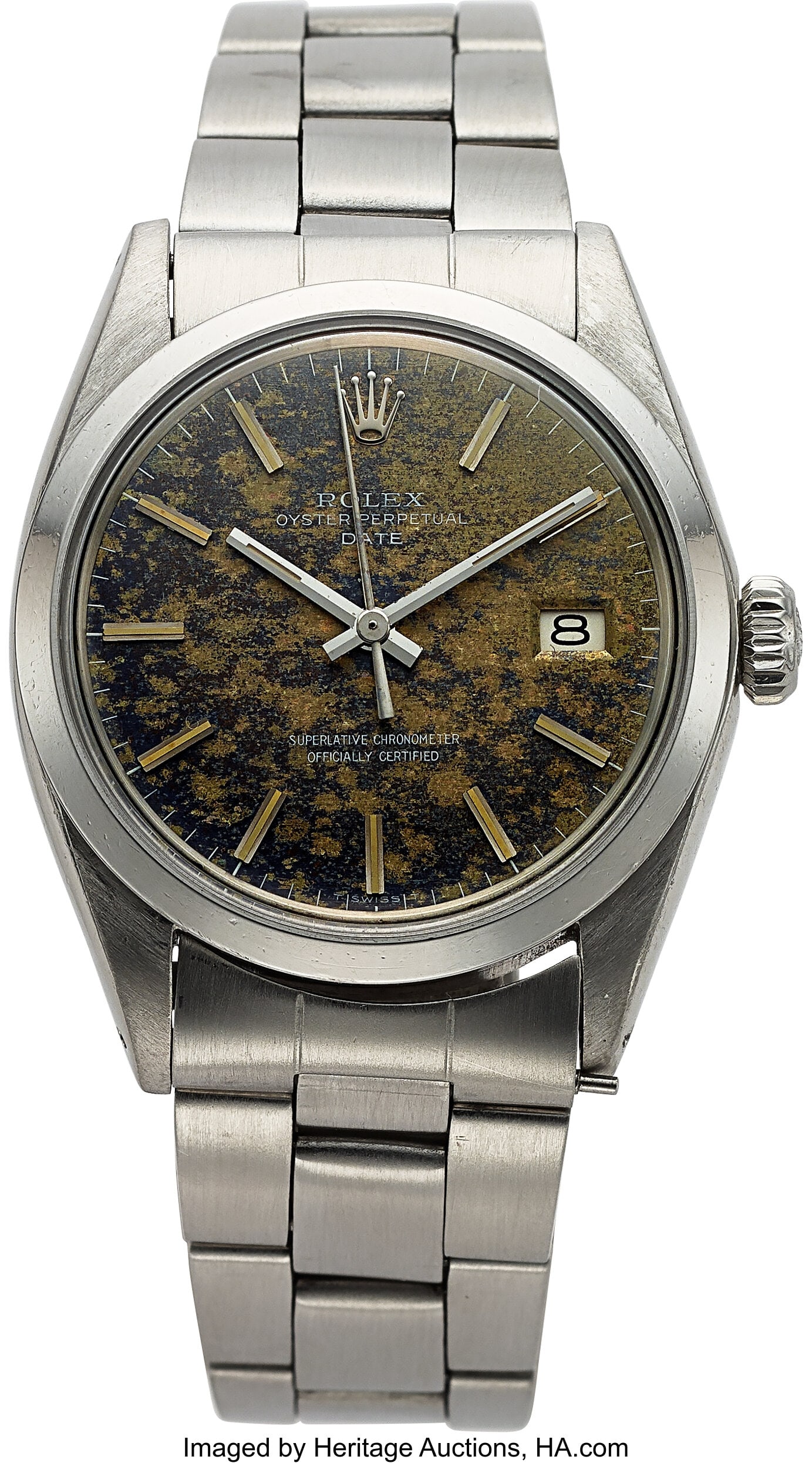 Rolex Oyster Perpetual Date, "Panther" Patina Di: Rolex Oyster Perpetual Date, "Panther" Patina Dial, Ref. 1500 Case: 34 mm, stainless steel, three body, screw-down case back, fixed domed bezel, 