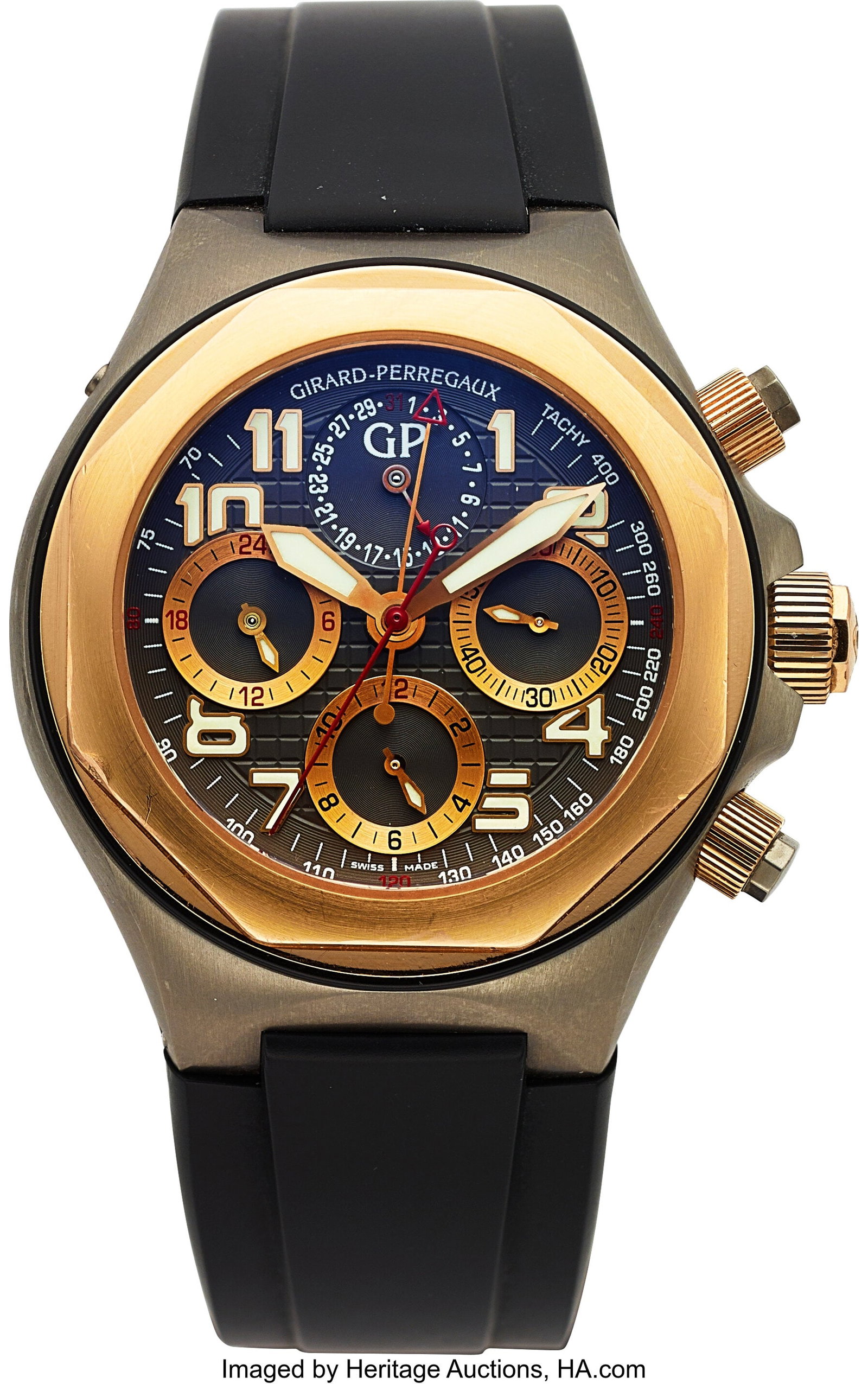Girard Perregaux Laureato EVO3 Chronograph, Tita: Girard Perregaux Laureato EVO3 Chronograph, Titanium, Ref. 80180 Case: 42 mm, titanium, three body, six screw exhibition case back, fixed bezel, 